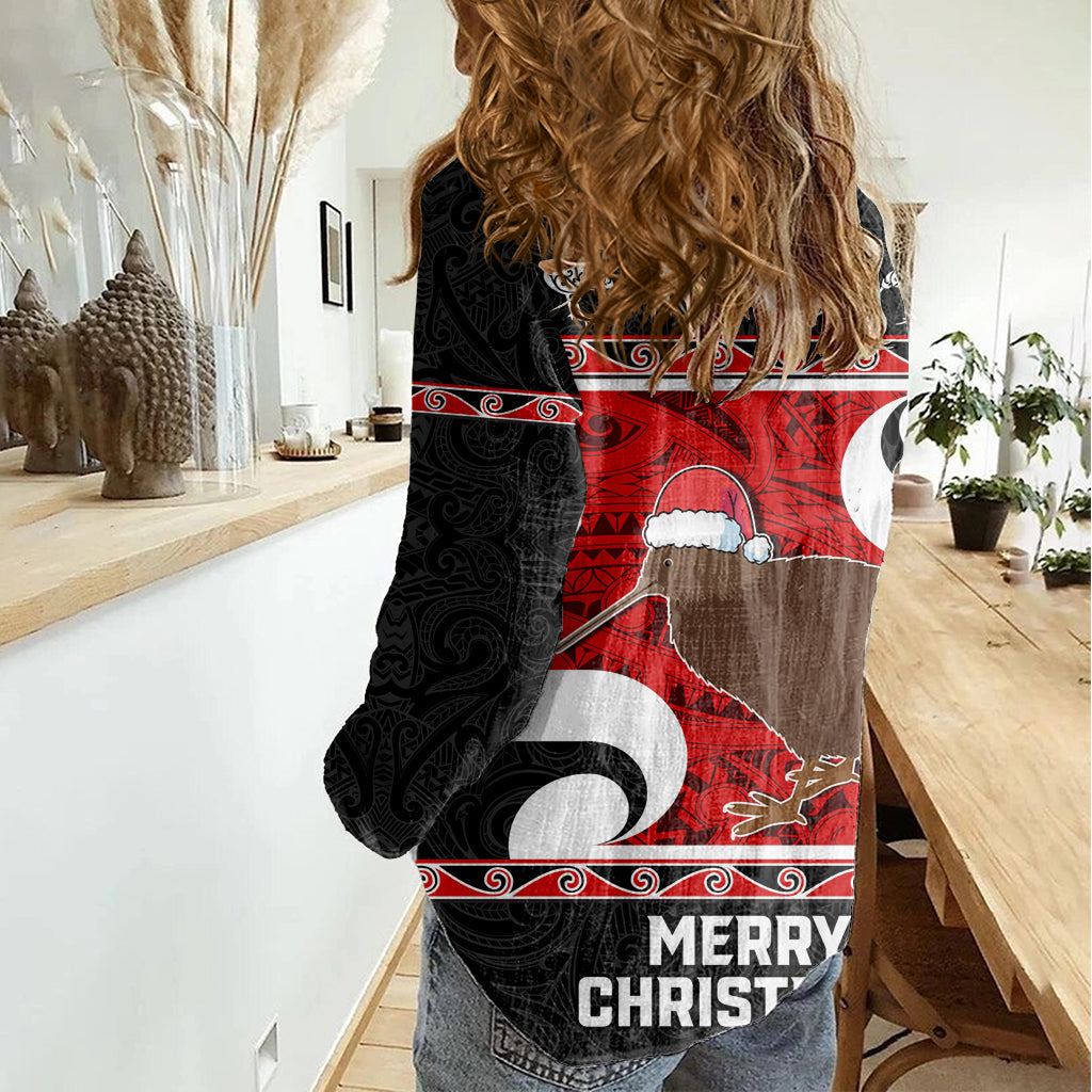 Neuseeland Weihnachten Damen Casual Shirt Santa Haka Farn und Kiwi Vogel Tino Rangatiratanga Maori Flagge Stil LT03