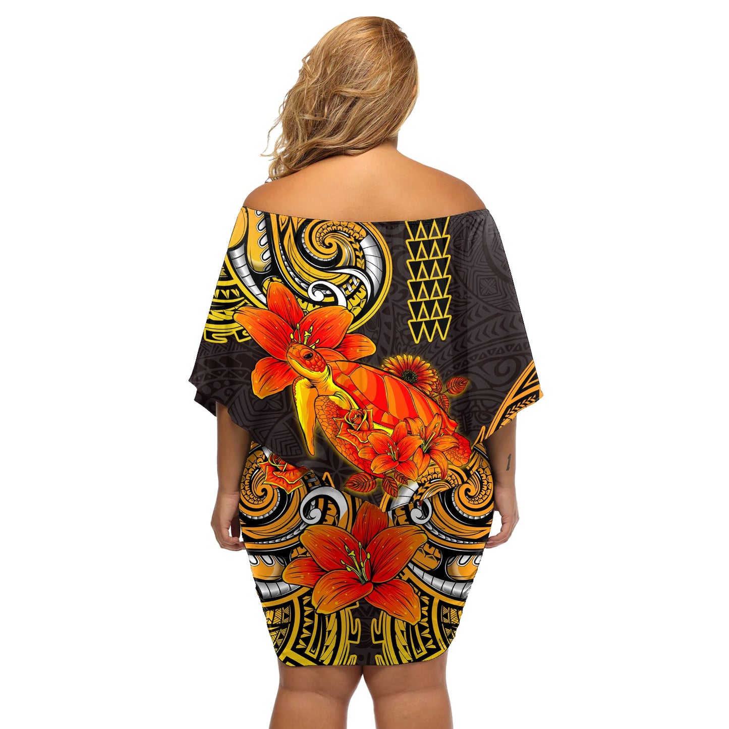 Hawaii Schildkröte Hibiskus Blume Off Schulter kurzes Kleid blumen Polynesian Tattoo LT03