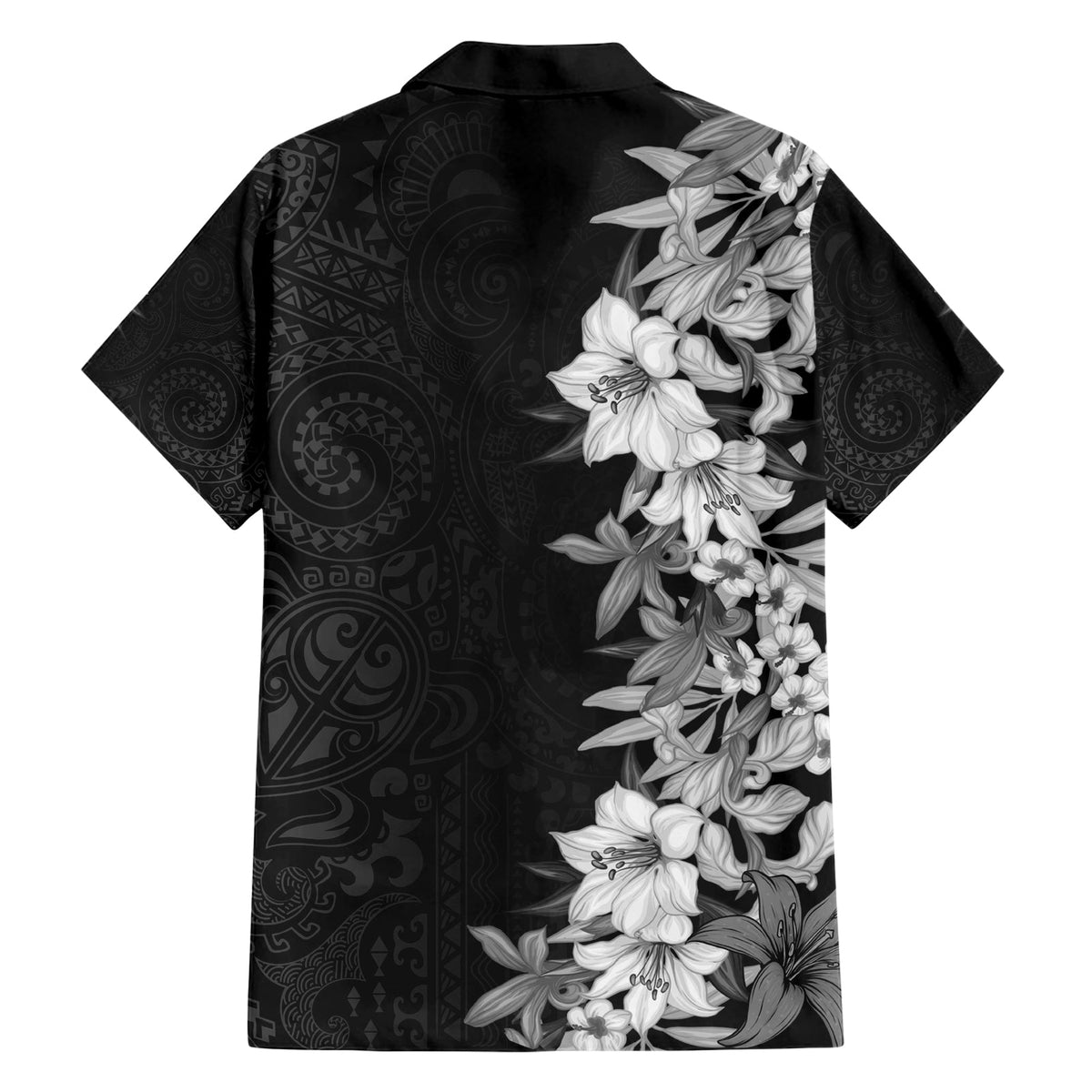 Hawaii Tropische Blätter und Blumen Hawaiihemd Tribal Polynesian Muster Schwarz Weiß Stil LT03