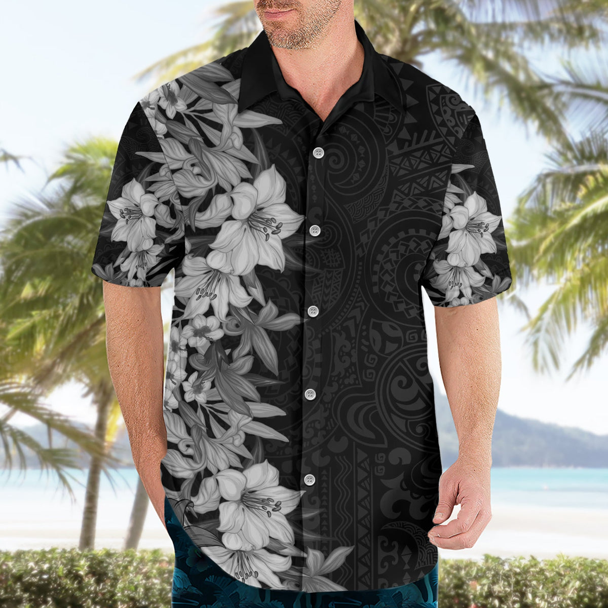 Hawaii Tropische Blätter und Blumen Hawaiihemd Tribal Polynesian Muster Schwarz Weiß Stil LT03