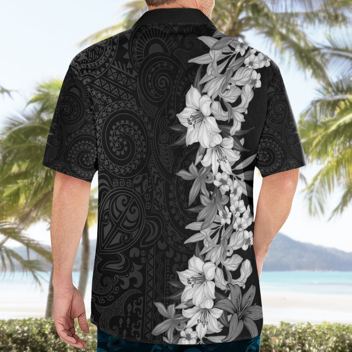 Hawaii Tropische Blätter und Blumen Hawaiihemd Tribal Polynesian Muster Schwarz Weiß Stil LT03