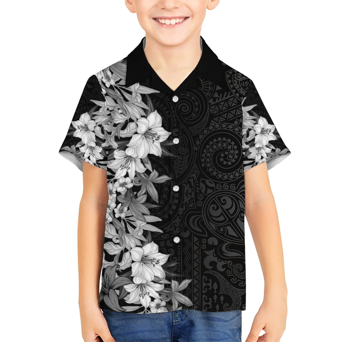 Hawaii Tropische Blätter und Blumen Hawaiihemd Tribal Polynesian Muster Schwarz Weiß Stil LT03