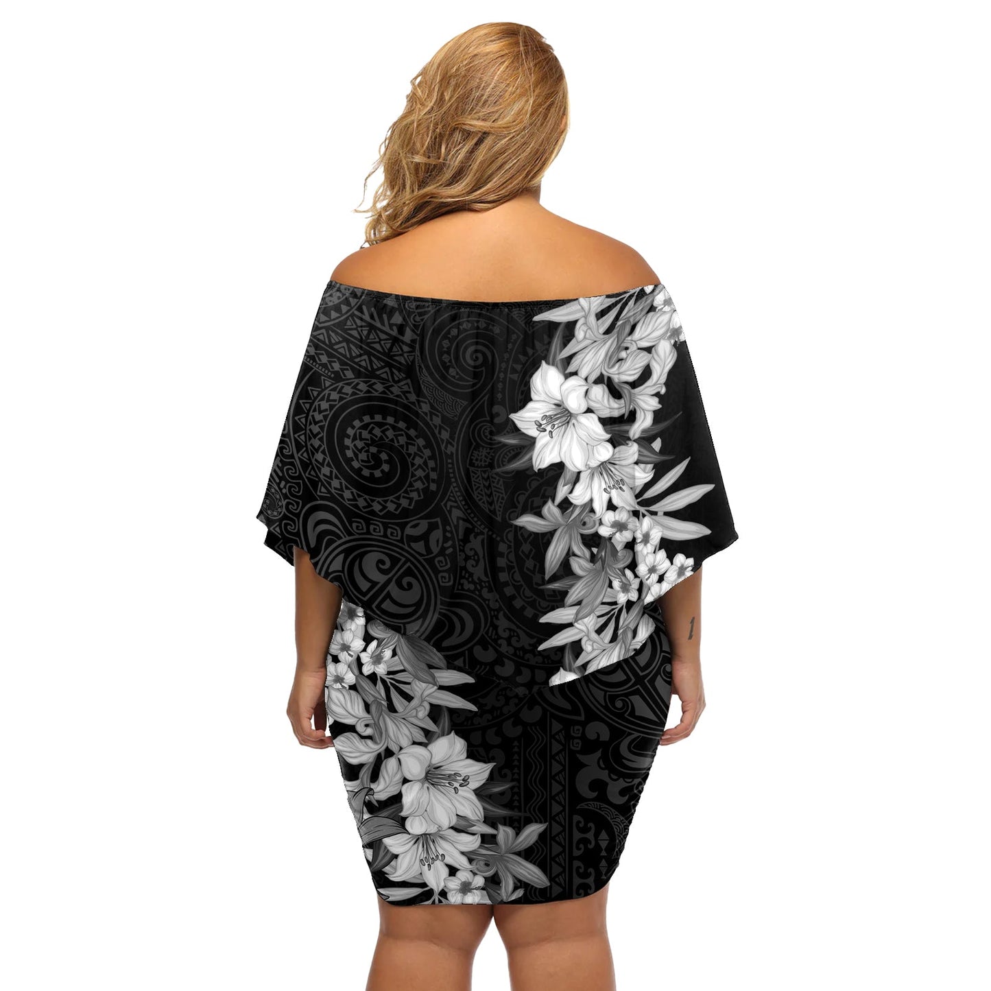 Hawaii Tropische Blätter und Blumen Schulterfreies Kurzes Kleid blumen Tribal Polynesian Muster Schwarz Weiß Stil LT03
