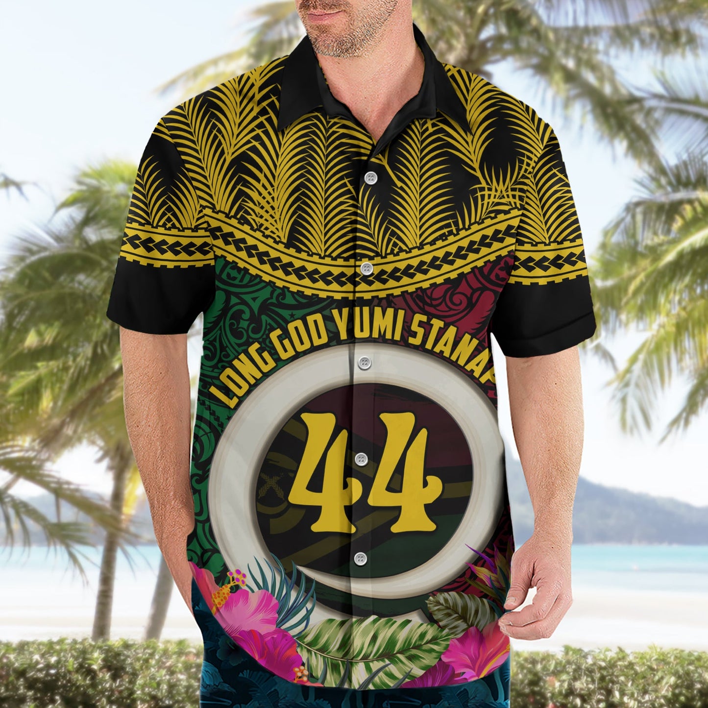 Vanuatu 44. Jahrestag Unabhängigkeitstag Hawaiihemd Wildschweinstoßzahn und Namele-Pflanze LT03
