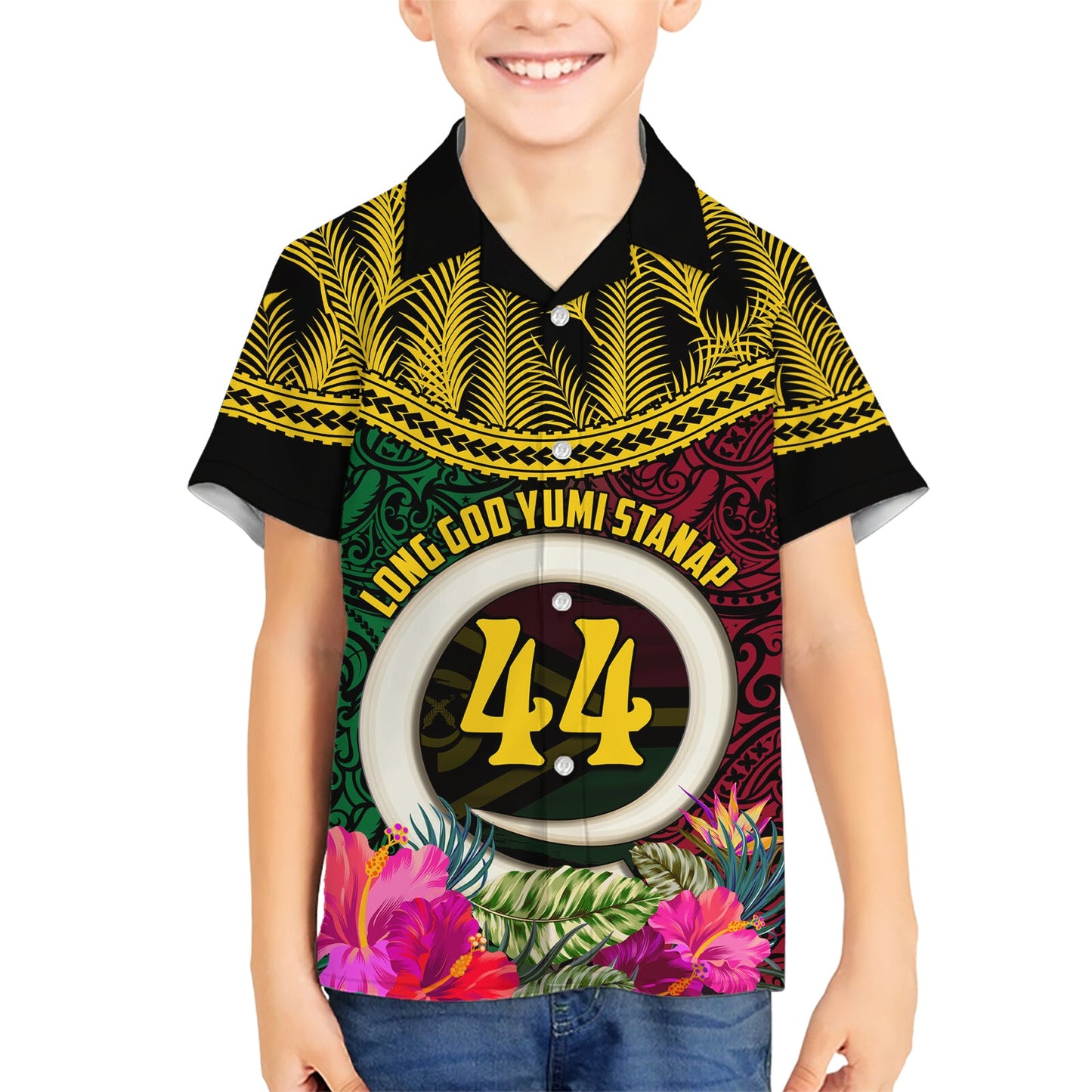 Vanuatu 44. Jahrestag Unabhängigkeitstag Hawaiihemd Wildschweinstoßzahn und Namele-Pflanze LT03