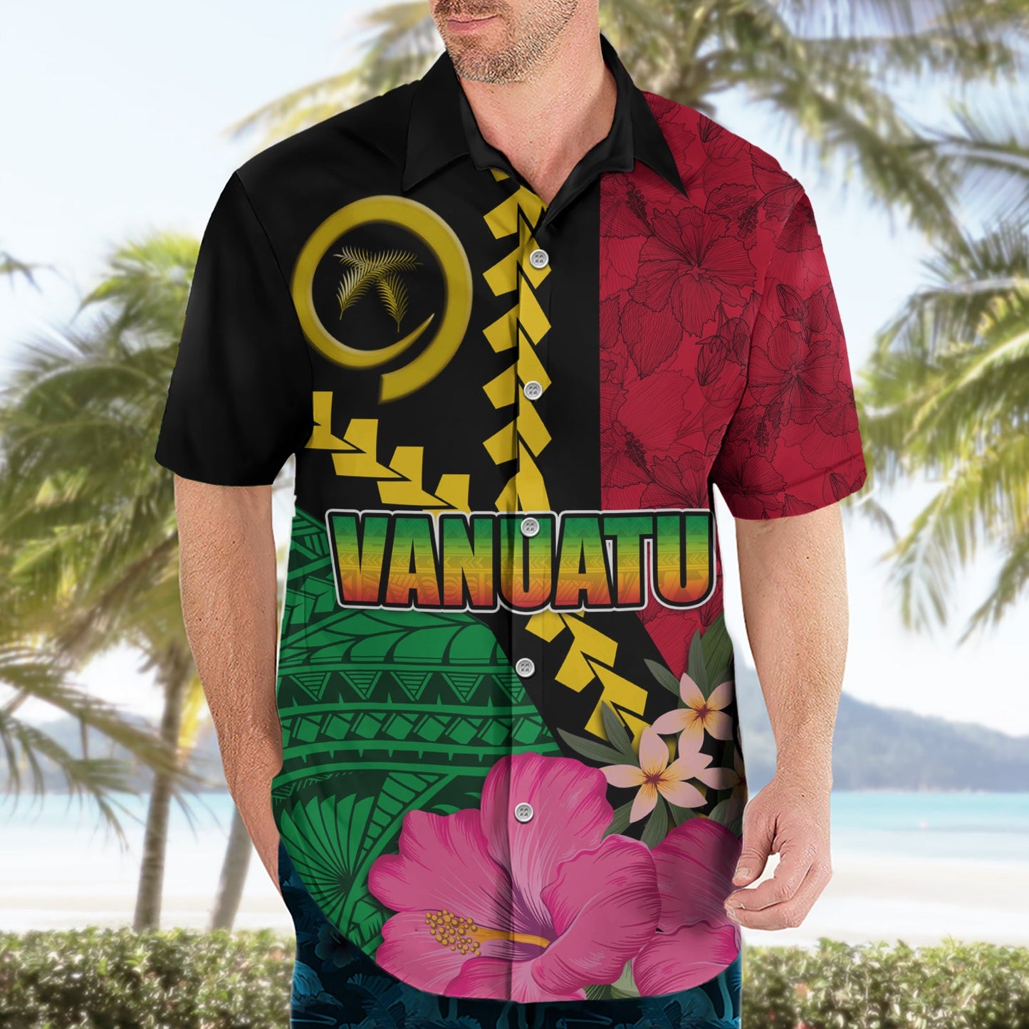 Vanuatu Flagge Hibiskus Polynesisches Muster Hawaiihemd LT03