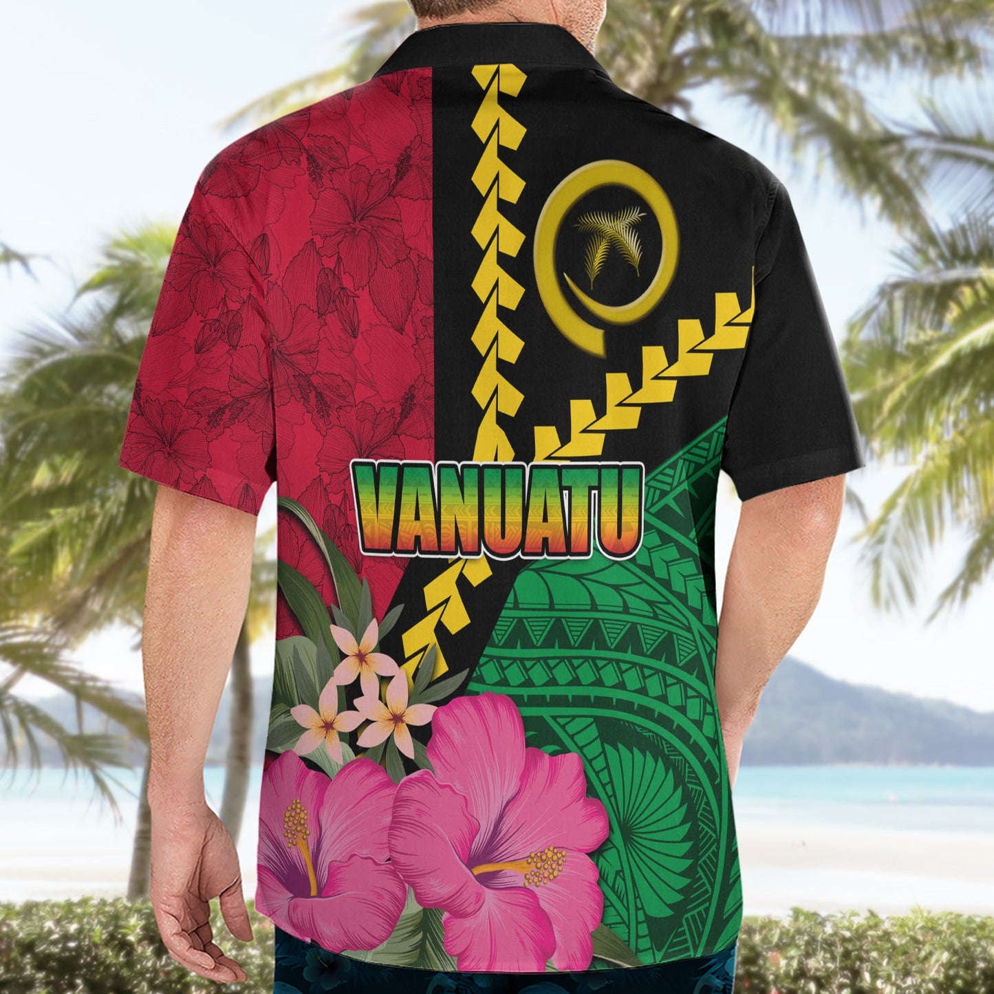 Vanuatu Flagge Hibiskus Polynesisches Muster Hawaiihemd LT03