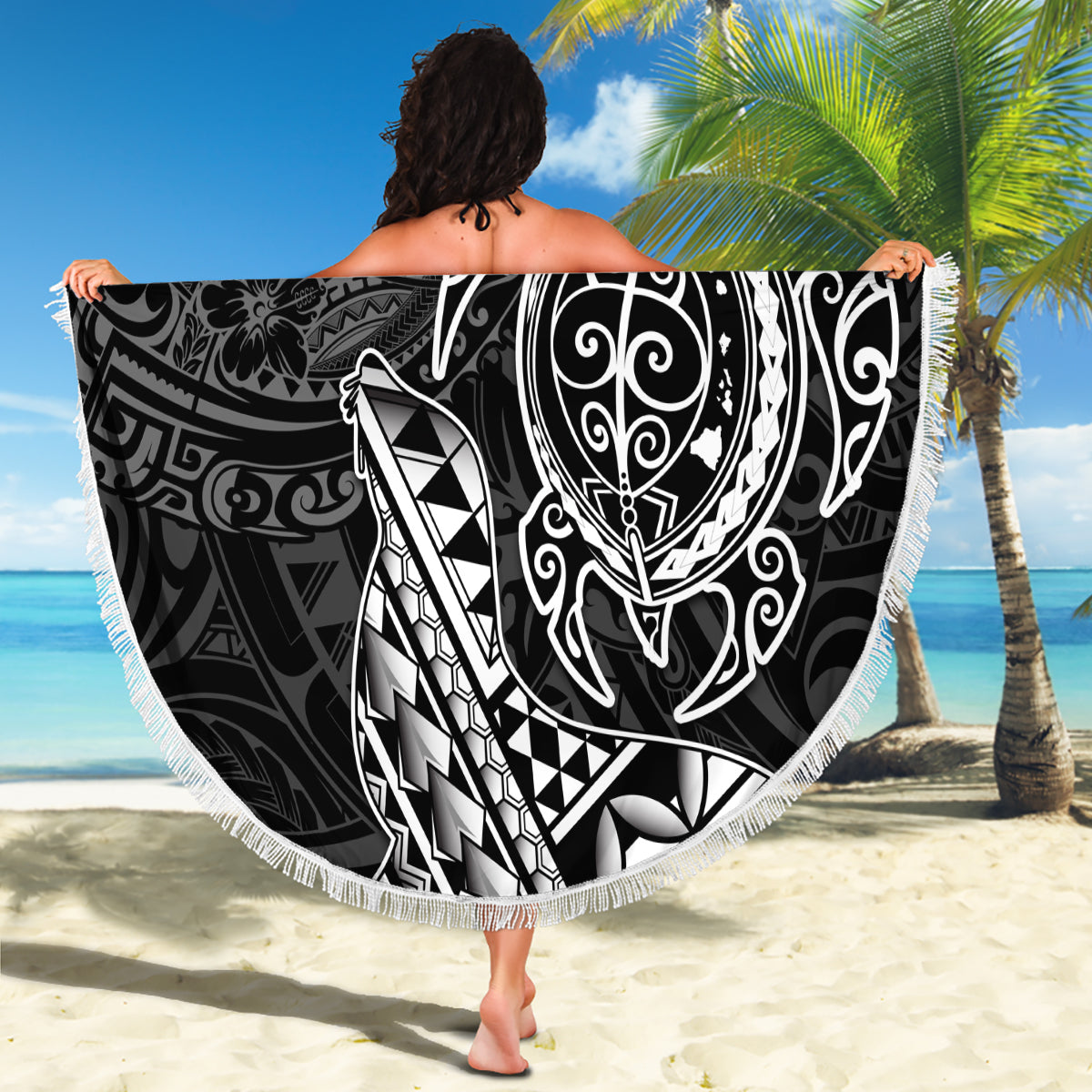Neuseeland Tuatara Tribal Tattoo Stranddecke Silber Farn und Maori Muster Blau Farbe LT03