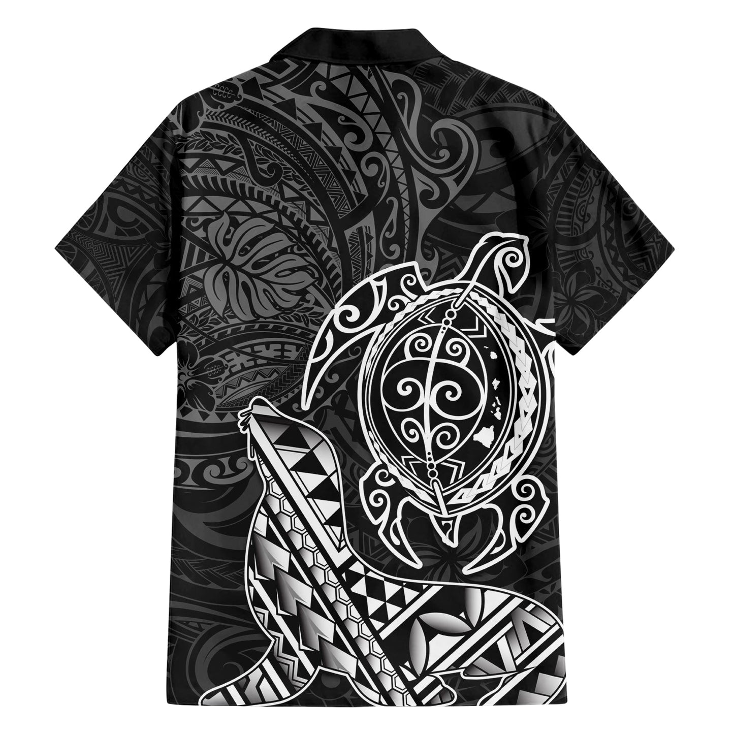 Hawaii Mönchsrobbe und Delfin Hawaiihemd Polynesisches Kakau Muster Schwarz Weiß Farbe LT03