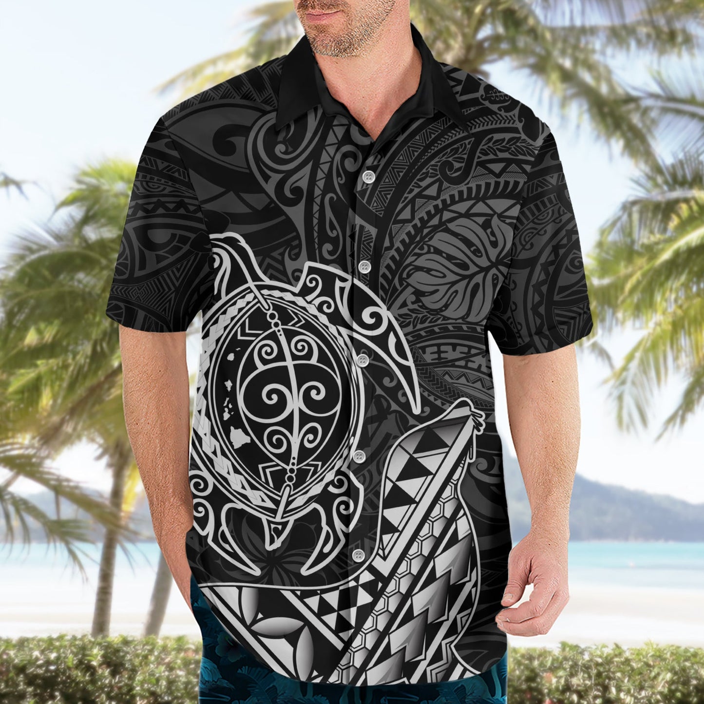 Hawaii Mönchsrobbe und Delfin Hawaiihemd Polynesisches Kakau Muster Schwarz Weiß Farbe LT03