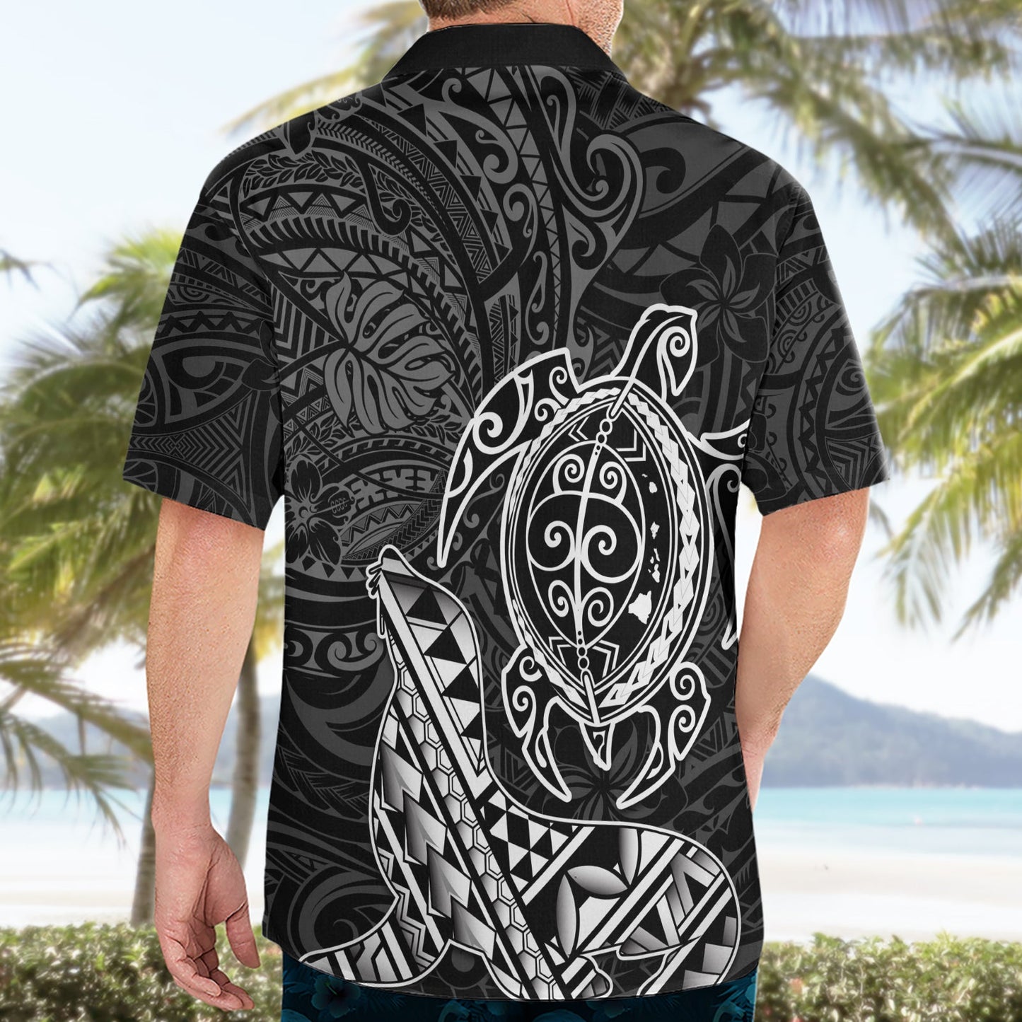 Hawaii Mönchsrobbe und Delfin Hawaiihemd Polynesisches Kakau Muster Schwarz Weiß Farbe LT03