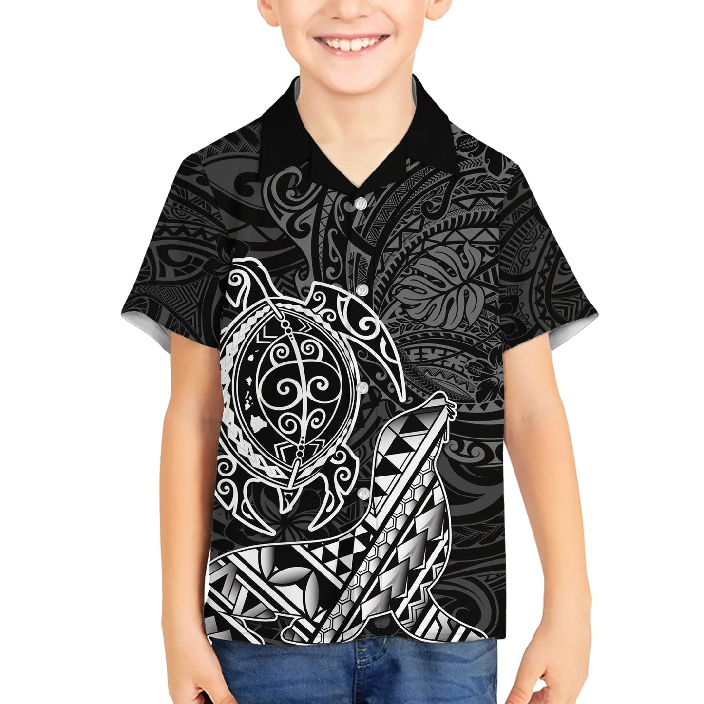 Hawaii Mönchsrobbe und Delfin Hawaiihemd Polynesisches Kakau Muster Schwarz Weiß Farbe LT03