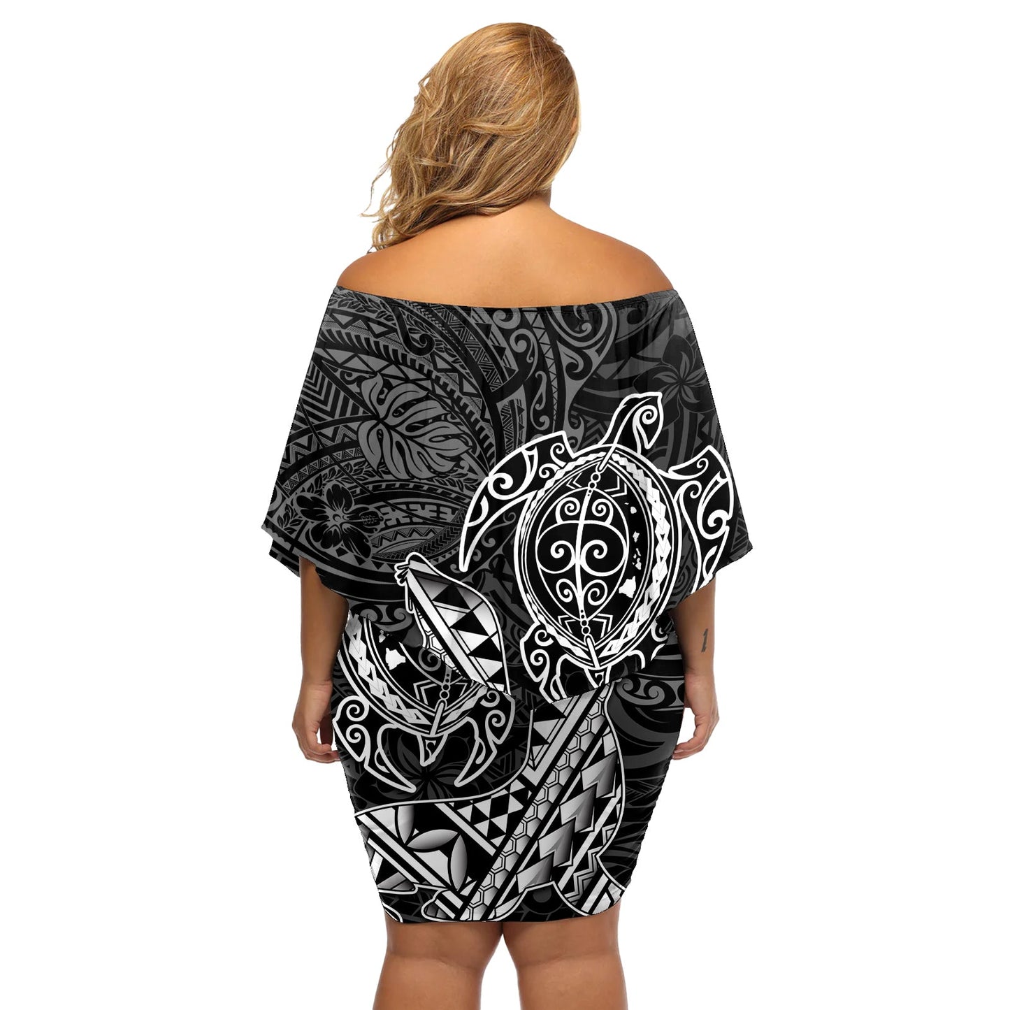 Hawaii Mönchsrobbe und Delfin Schulterfreies Kurzes Kleid mit blumen Polynesisches Kakau Muster Schwarz Weiß Farbe LT03
