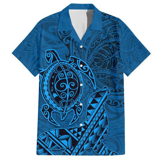 Hawaii Monk Seal and Dolphin Hawaiian Shirt Polynesian Kakau Pattern Blue