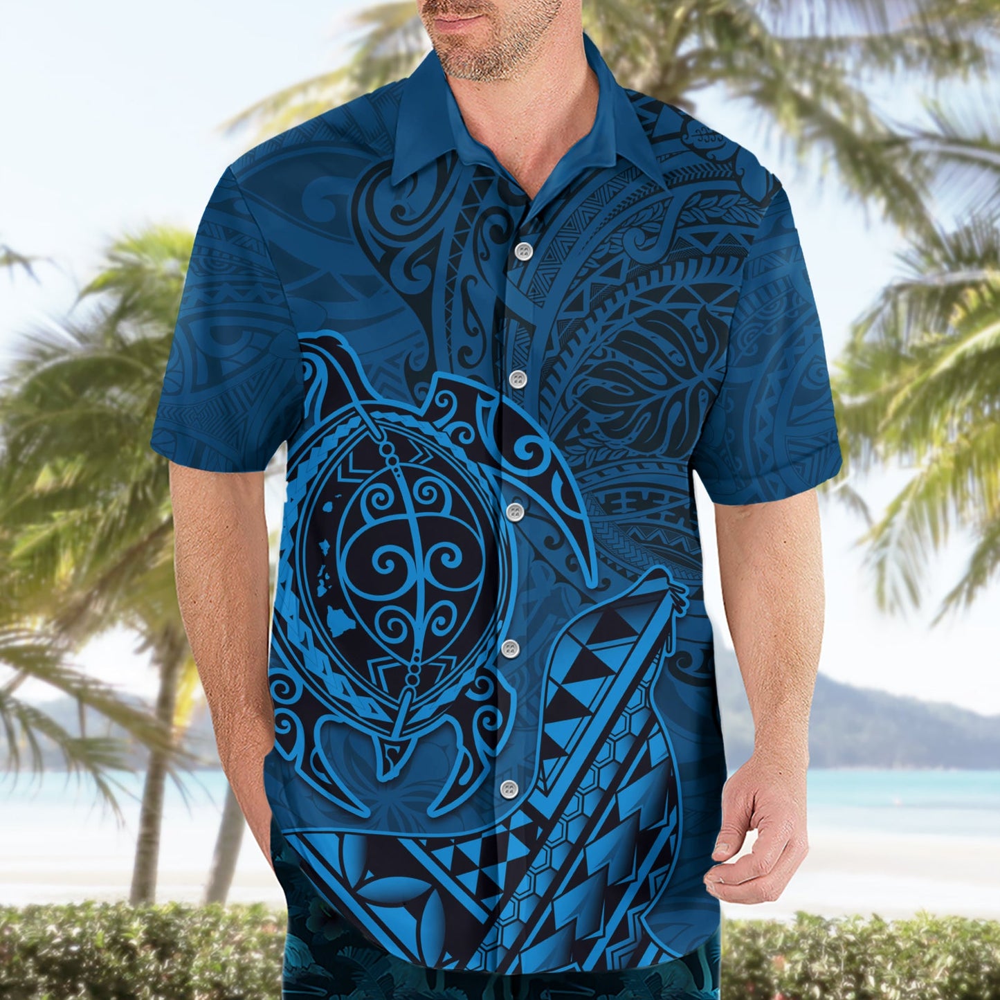 Hawaii Mönchsrobbe und Delfin Hawaiihemd Polynesisches Kakau Muster Blau LT03