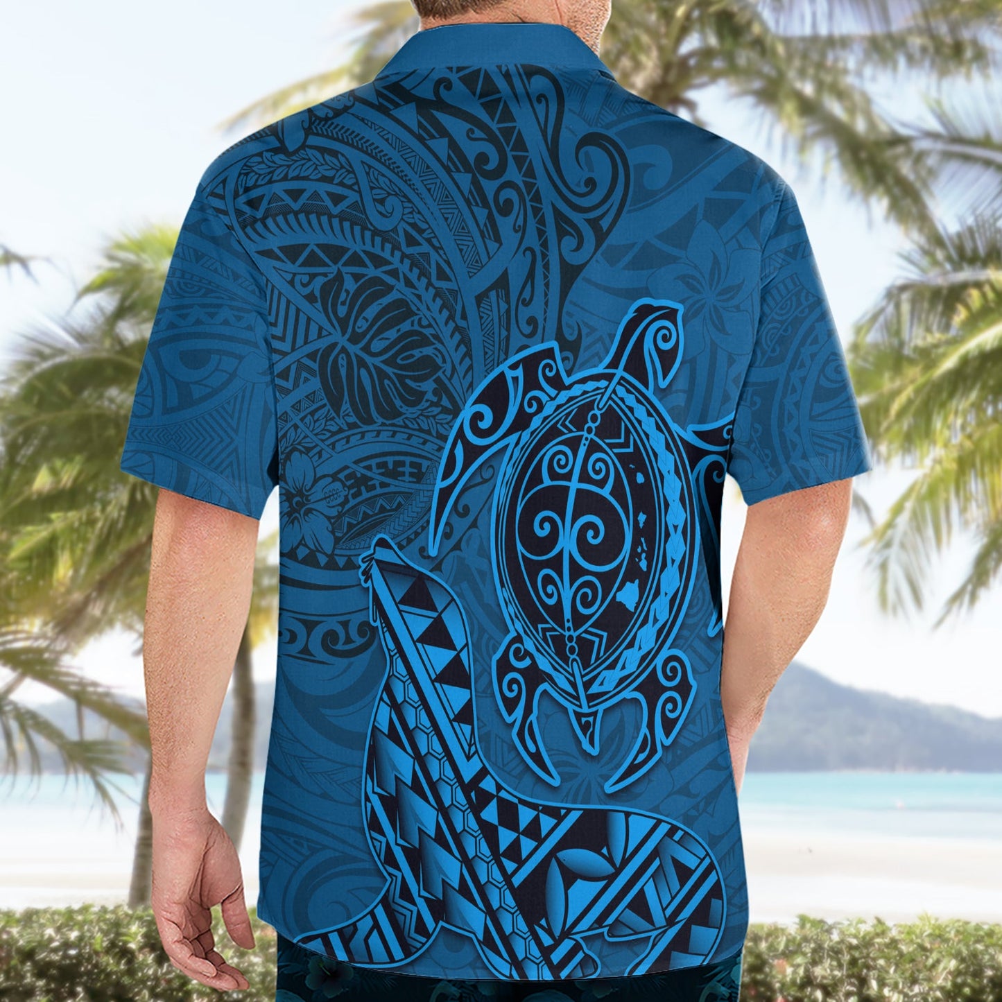 Hawaii Mönchsrobbe und Delfin Hawaiihemd Polynesisches Kakau Muster Blau LT03