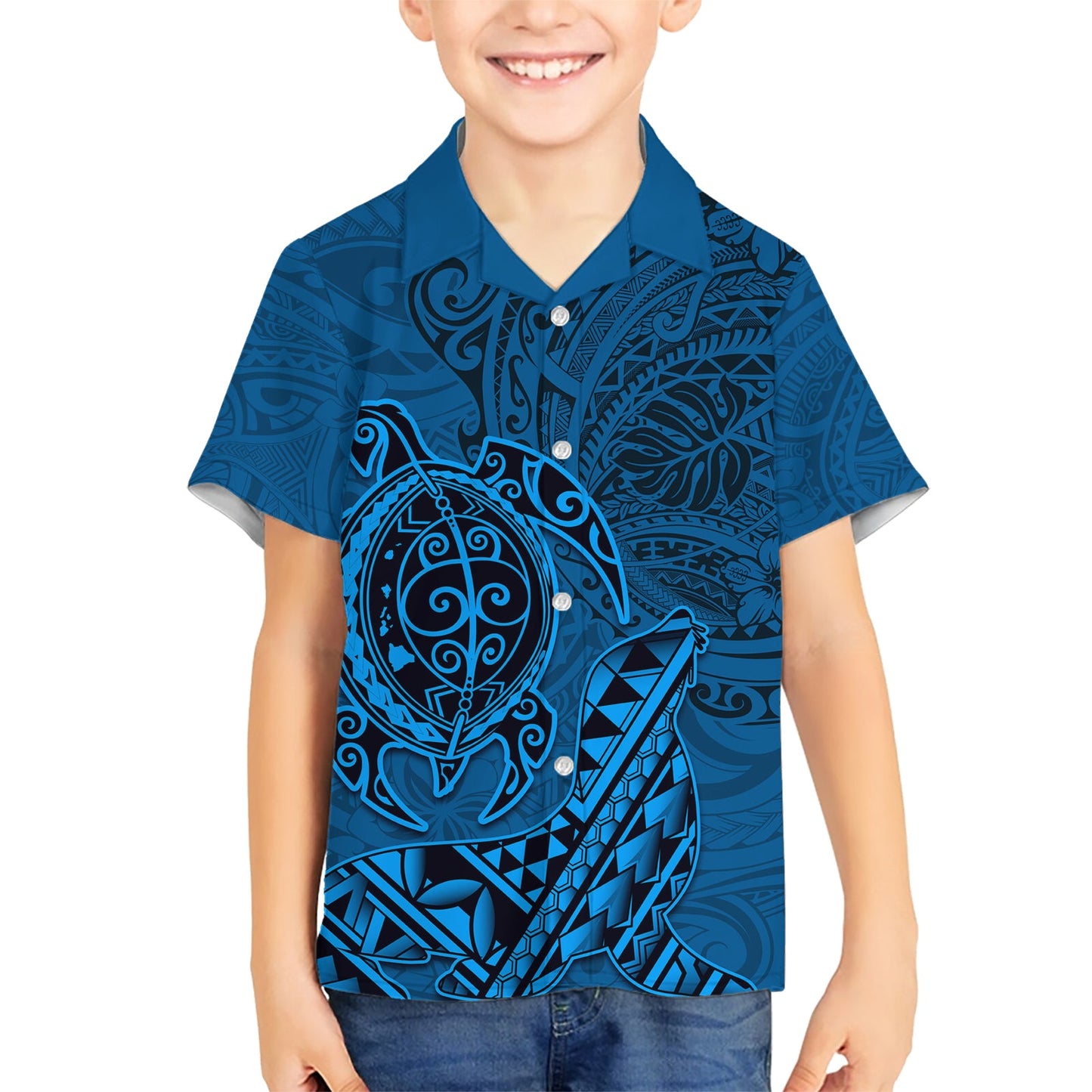 Hawaii Mönchsrobbe und Delfin Hawaiihemd Polynesisches Kakau Muster Blau LT03