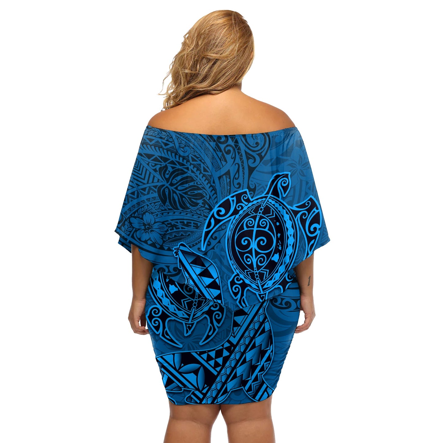 Hawaii Mönchsrobbe und Delfin Schulterfreies Kurzes Kleid mit blumen Polynesisches Kakau Muster Blau LT03