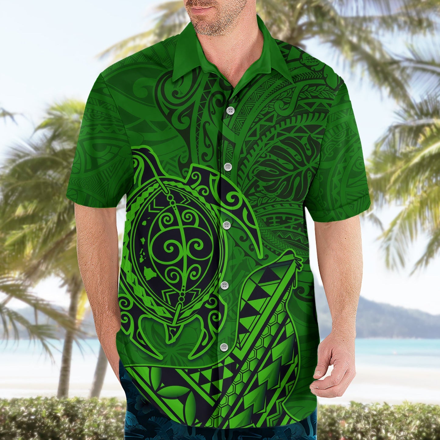 Hawaii Mönchsrobbe und Delfin Hawaiihemd Polynesisches Kakau Muster Grün LT03