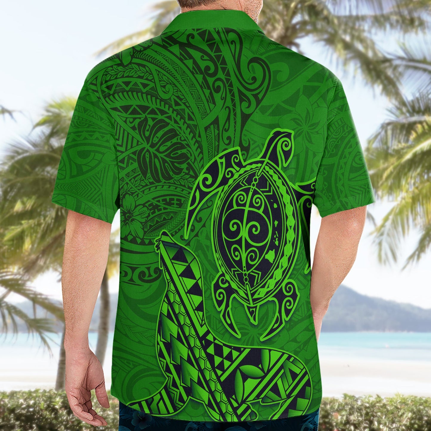 Hawaii Mönchsrobbe und Delfin Hawaiihemd Polynesisches Kakau Muster Grün LT03