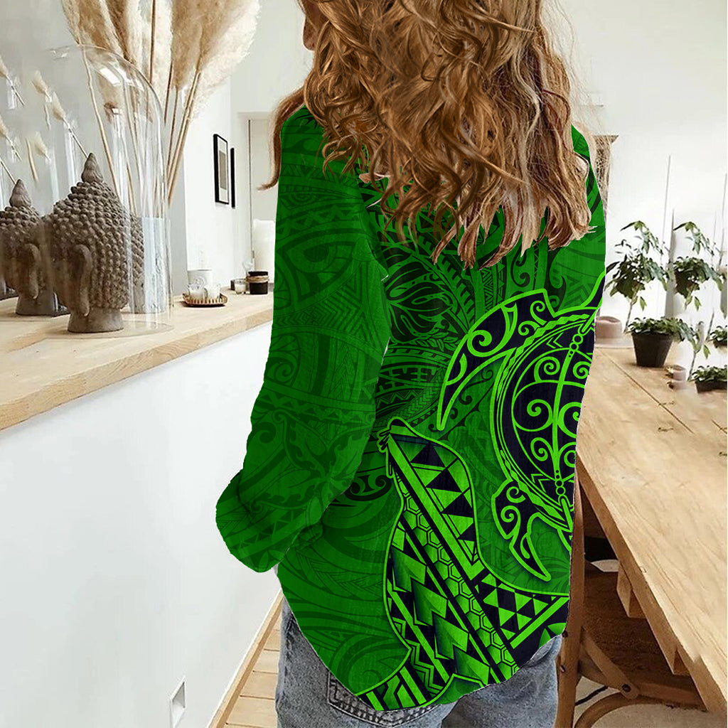 Hawaii Mönchsrobbe und Delfin Damen Freizeithemd Polynesisches Kakau Muster Grün LT03