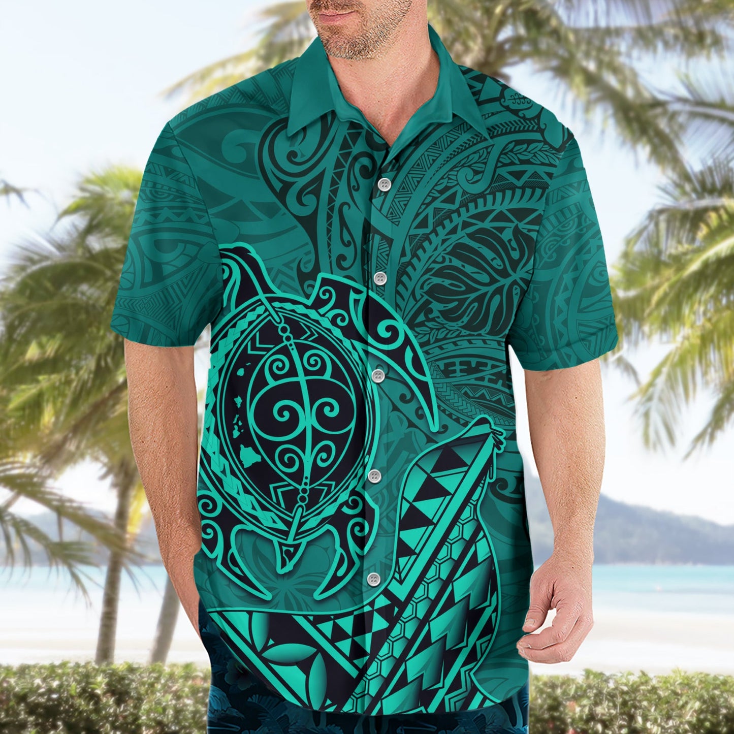 Hawaii Mönchsrobbe und Delfin Hawaiihemd Polynesisches Kakau Muster Türkis LT03