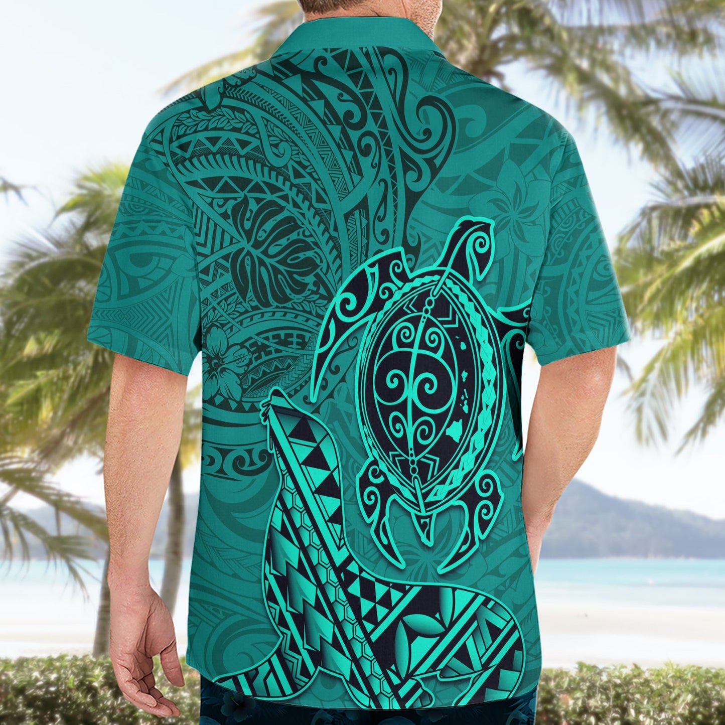 Hawaii Mönchsrobbe und Delfin Hawaiihemd Polynesisches Kakau Muster Türkis LT03