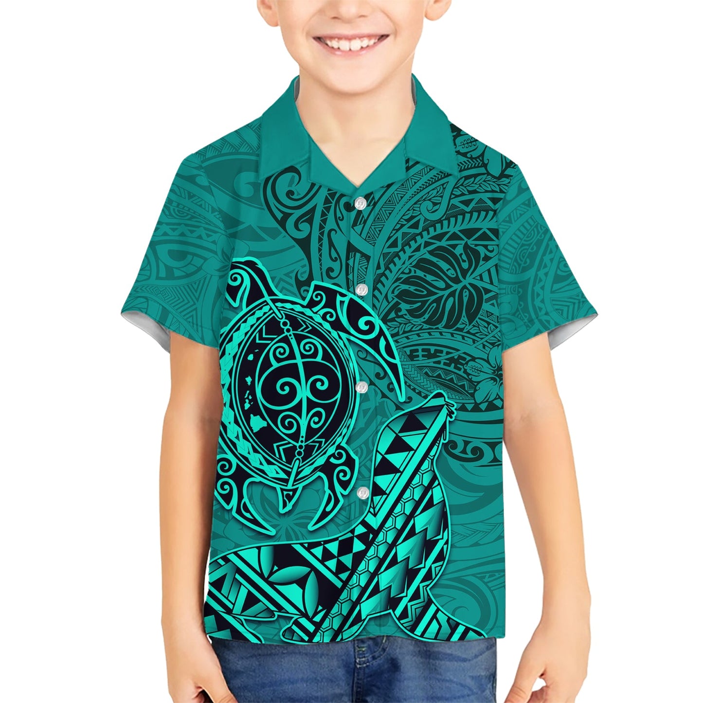 Hawaii Mönchsrobbe und Delfin Hawaiihemd Polynesisches Kakau Muster Türkis LT03