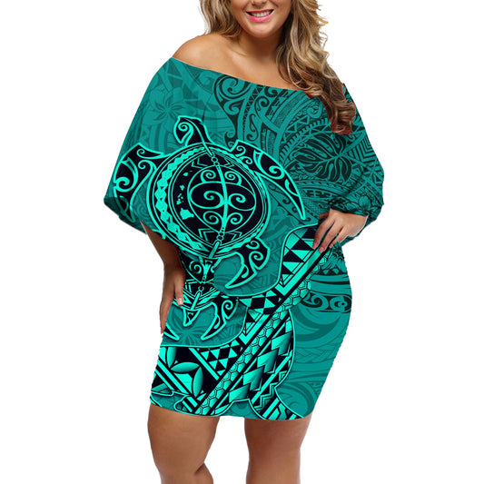 Hawaii Monk Seal and Dolphin Off Shoulder Short Dress Polynesian Kakau Pattern Turquoise