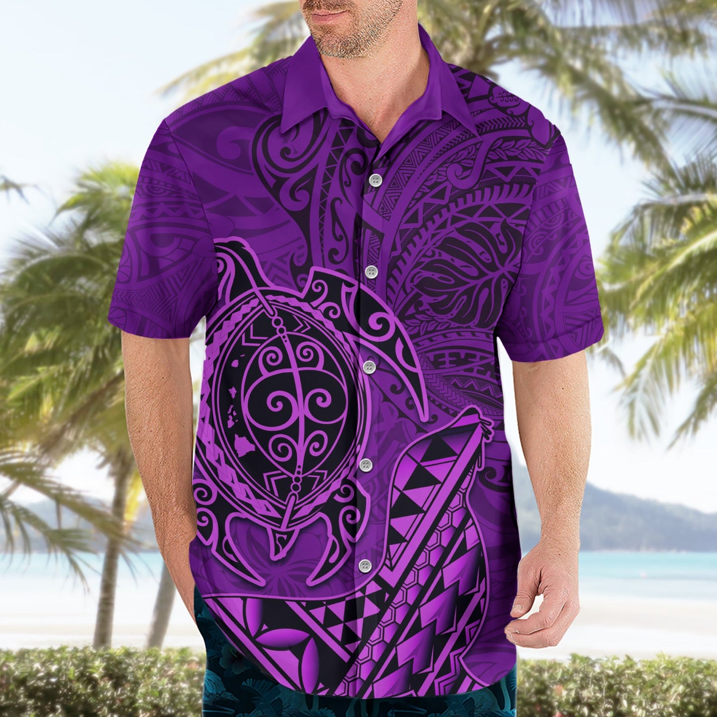 Hawaii Mönchsrobbe und Delfin Hawaiihemd Polynesisches Kakau Muster Lila LT03
