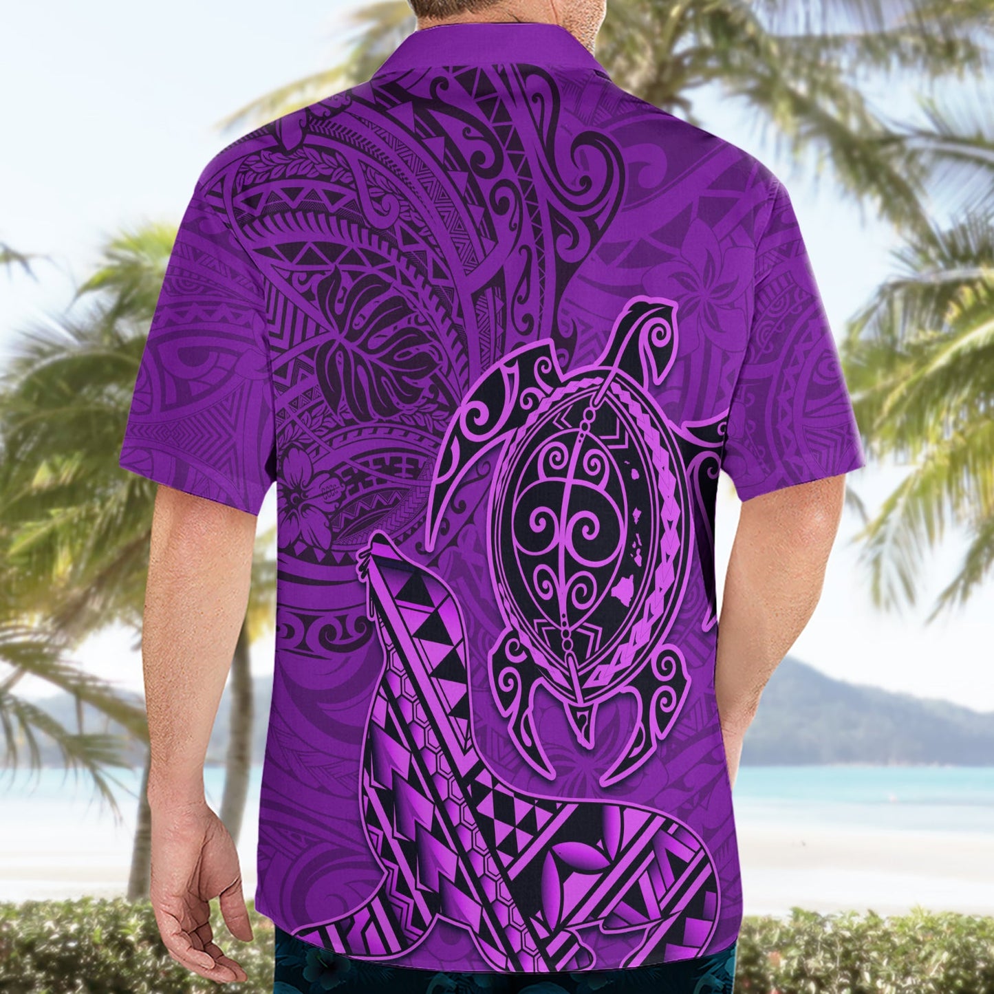 Hawaii Mönchsrobbe und Delfin Hawaiihemd Polynesisches Kakau Muster Lila LT03