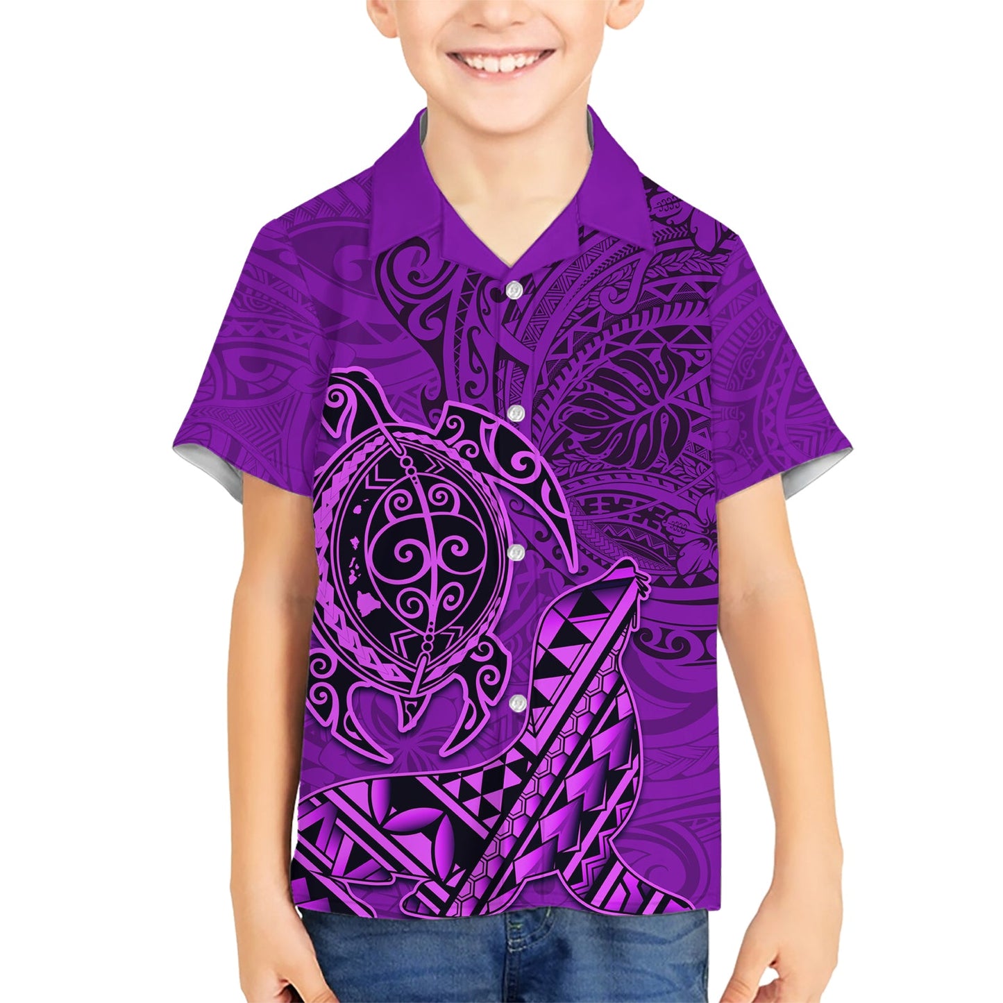 Hawaii Mönchsrobbe und Delfin Hawaiihemd Polynesisches Kakau Muster Lila LT03