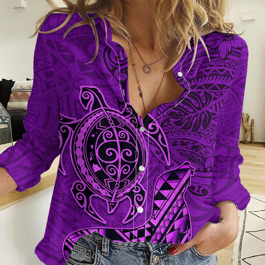 Hawaii Monk Seal and Dolphin Women Casual Shirt Polynesian Kakau Pattern Purple