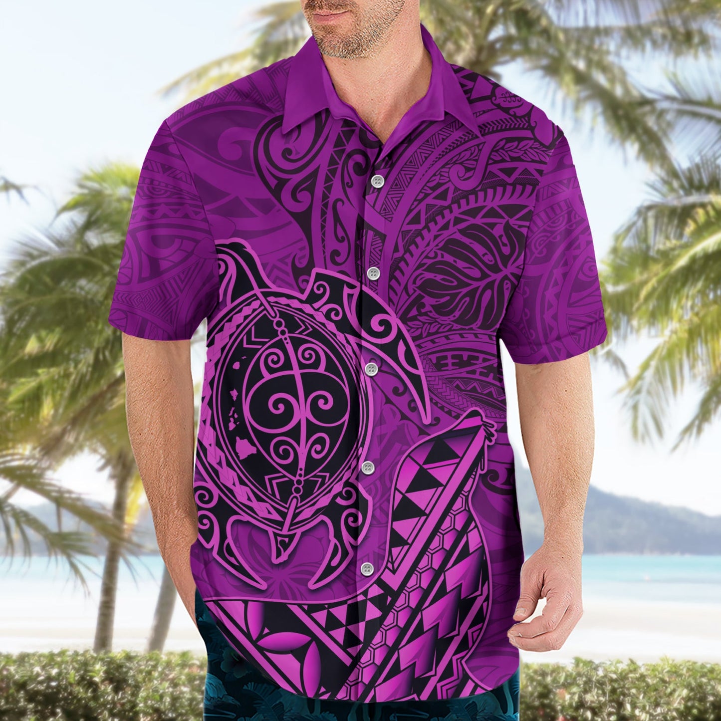 Hawaii Mönchsrobbe und Delfin Hawaiihemd Polynesisches Kakau Muster Rosa LT03