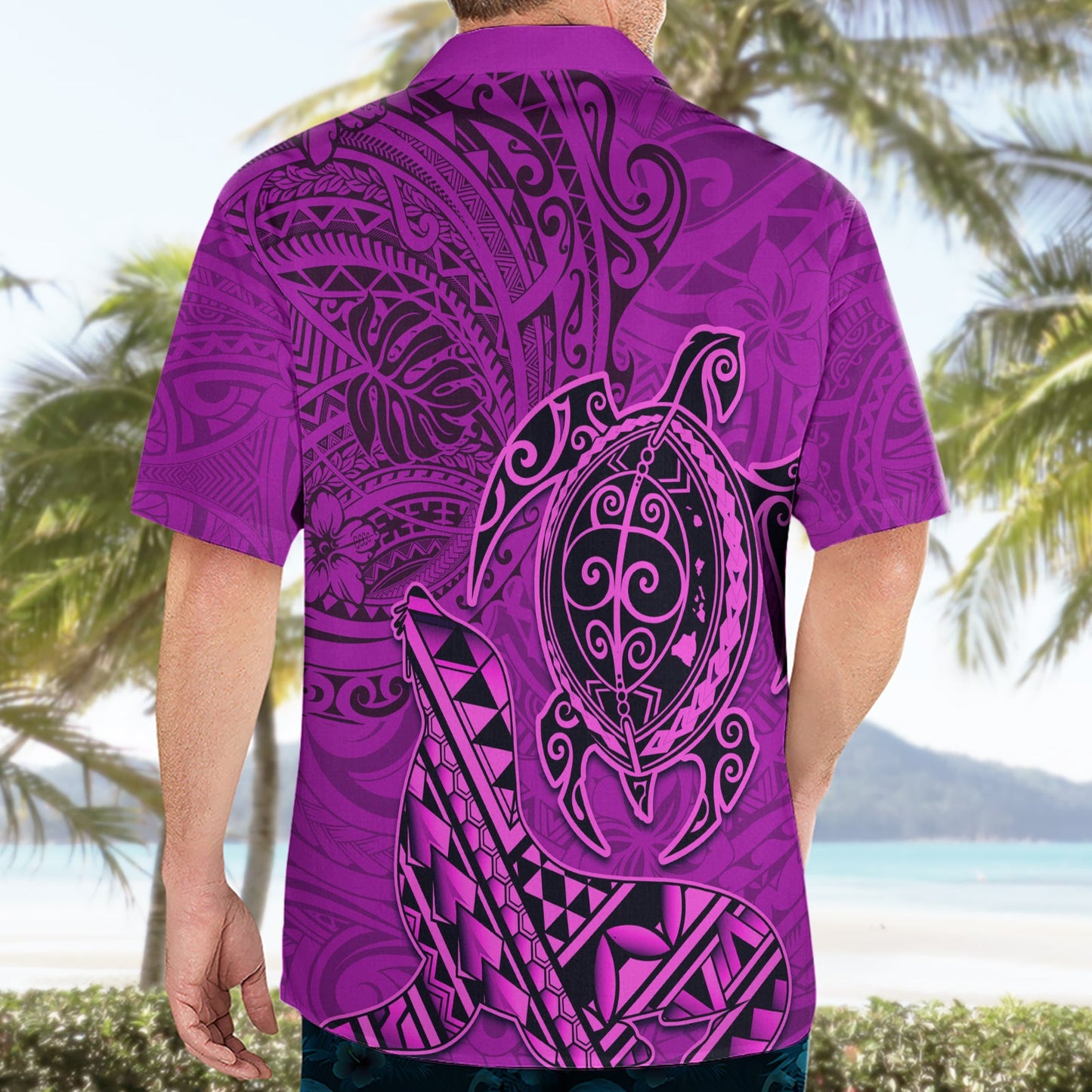 Hawaii Mönchsrobbe und Delfin Hawaiihemd Polynesisches Kakau Muster Rosa LT03