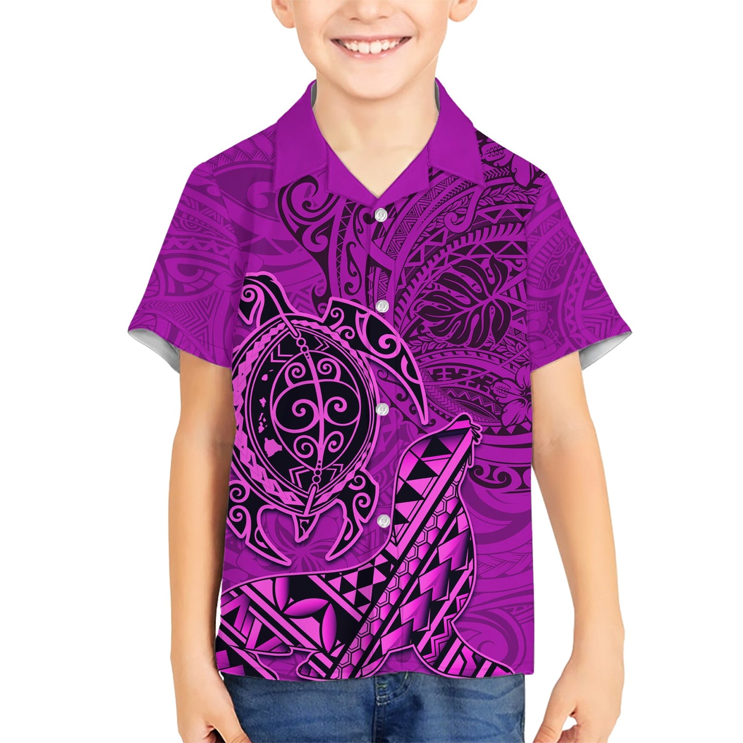 Hawaii Mönchsrobbe und Delfin Hawaiihemd Polynesisches Kakau Muster Rosa LT03