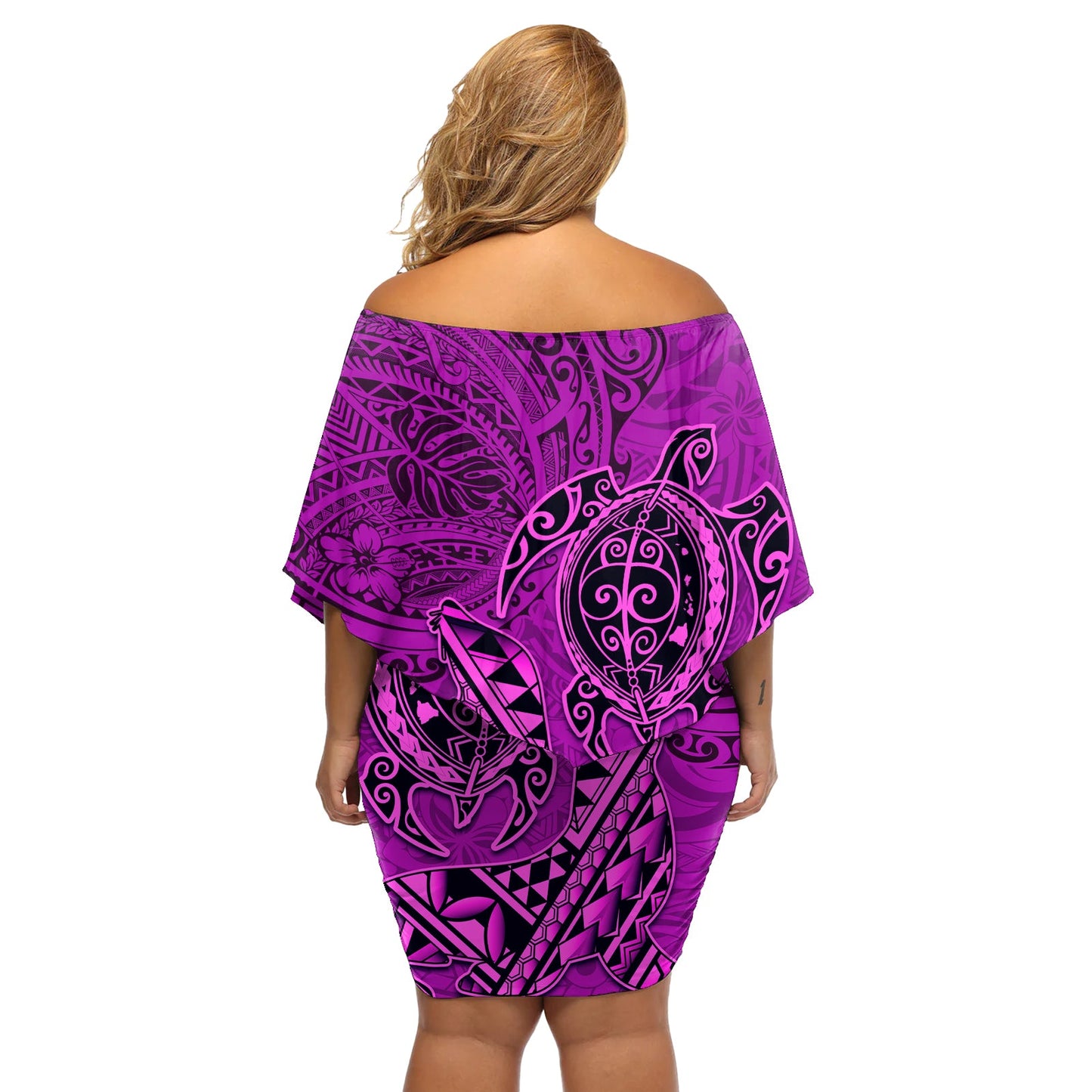 Hawaii Mönchsrobbe und Delfin Schulterfreies Kurzes Kleid mit blumen Polynesisches Kakau Muster Rosa LT03