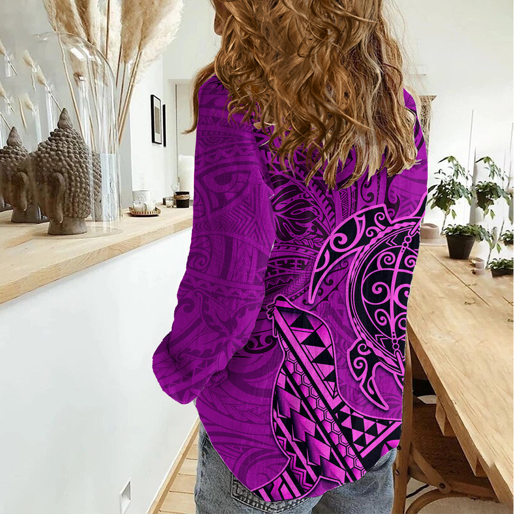 Hawaii Mönchsrobbe und Delfin Damen Freizeithemd Polynesisches Kakau Muster Rosa LT03