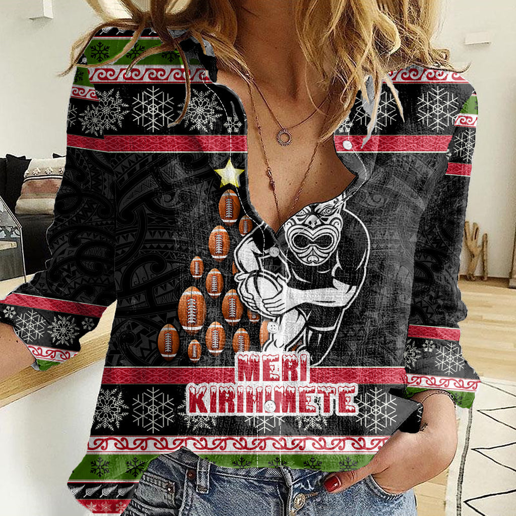 New Zealand Meri Kirihimete Women Casual Shirt Maori Warrior with Rugby Christmas Tree LT03 Female Black - Polynesian Pride