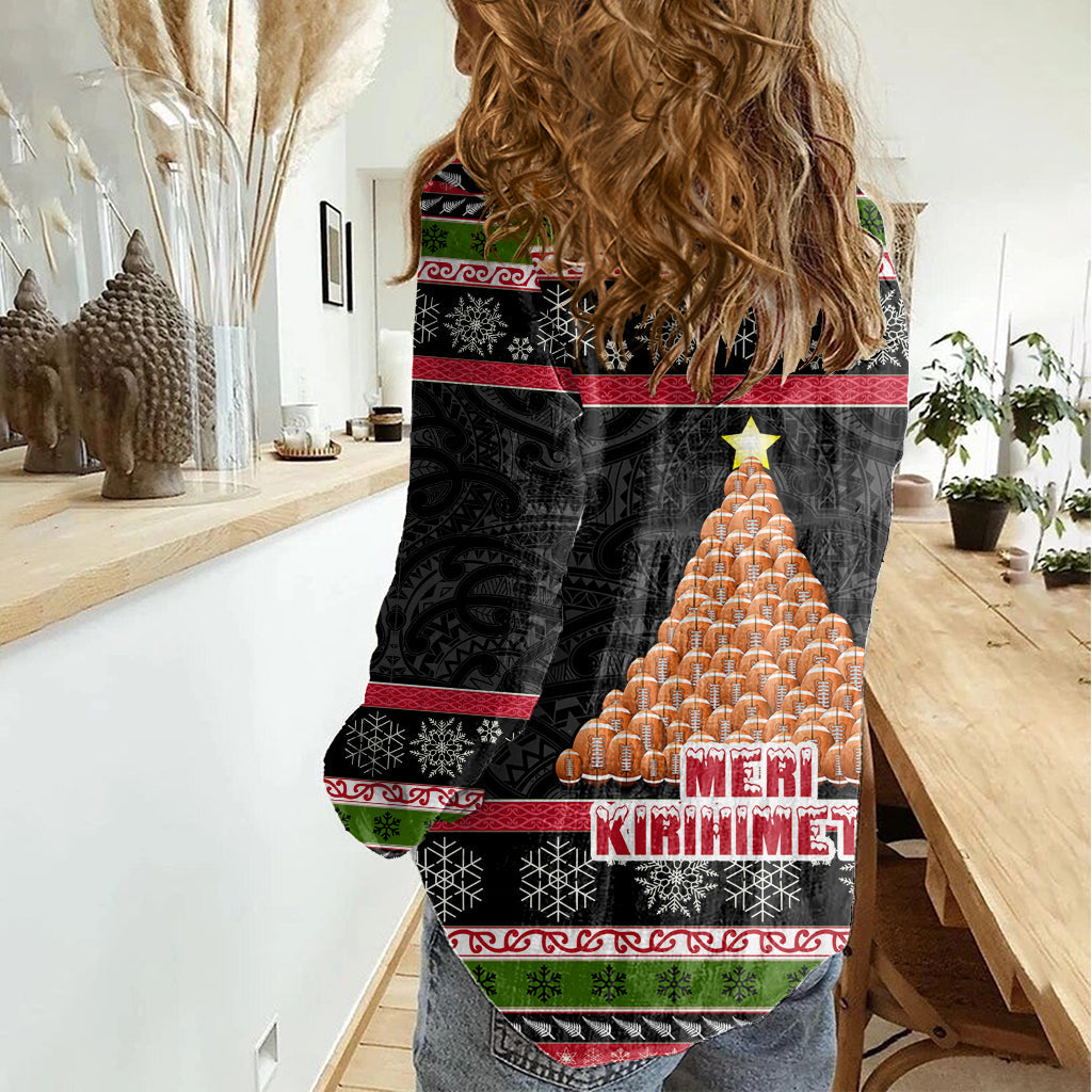 Neuseeland Meri Kirihimete Damen Freizeithemd Maori Krieger mit Rugby Weihnachtsbaum LT03