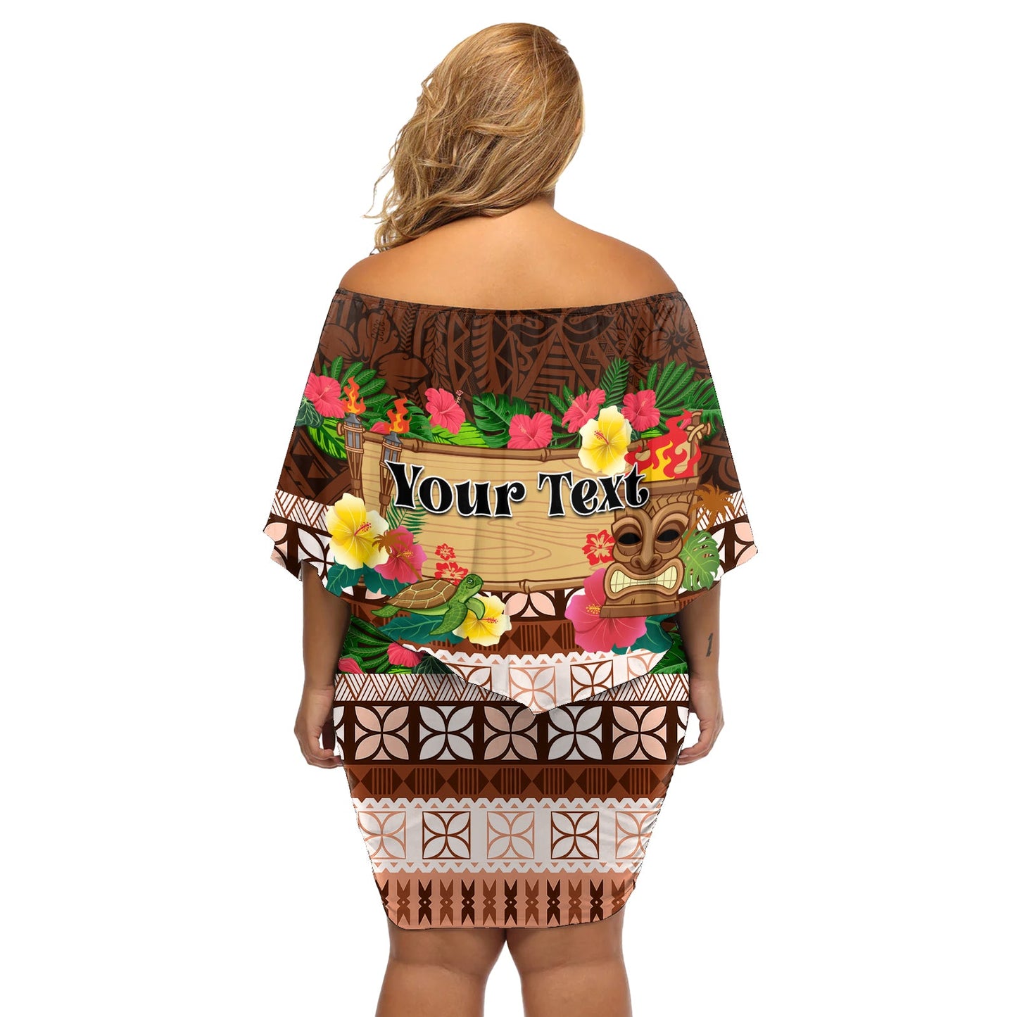 Pasifika Festival Auckland, schulterfreies, kurzes Kleid blumen, polynesisches Tribal mit pazifischem Muster, Farbe Braun LT03