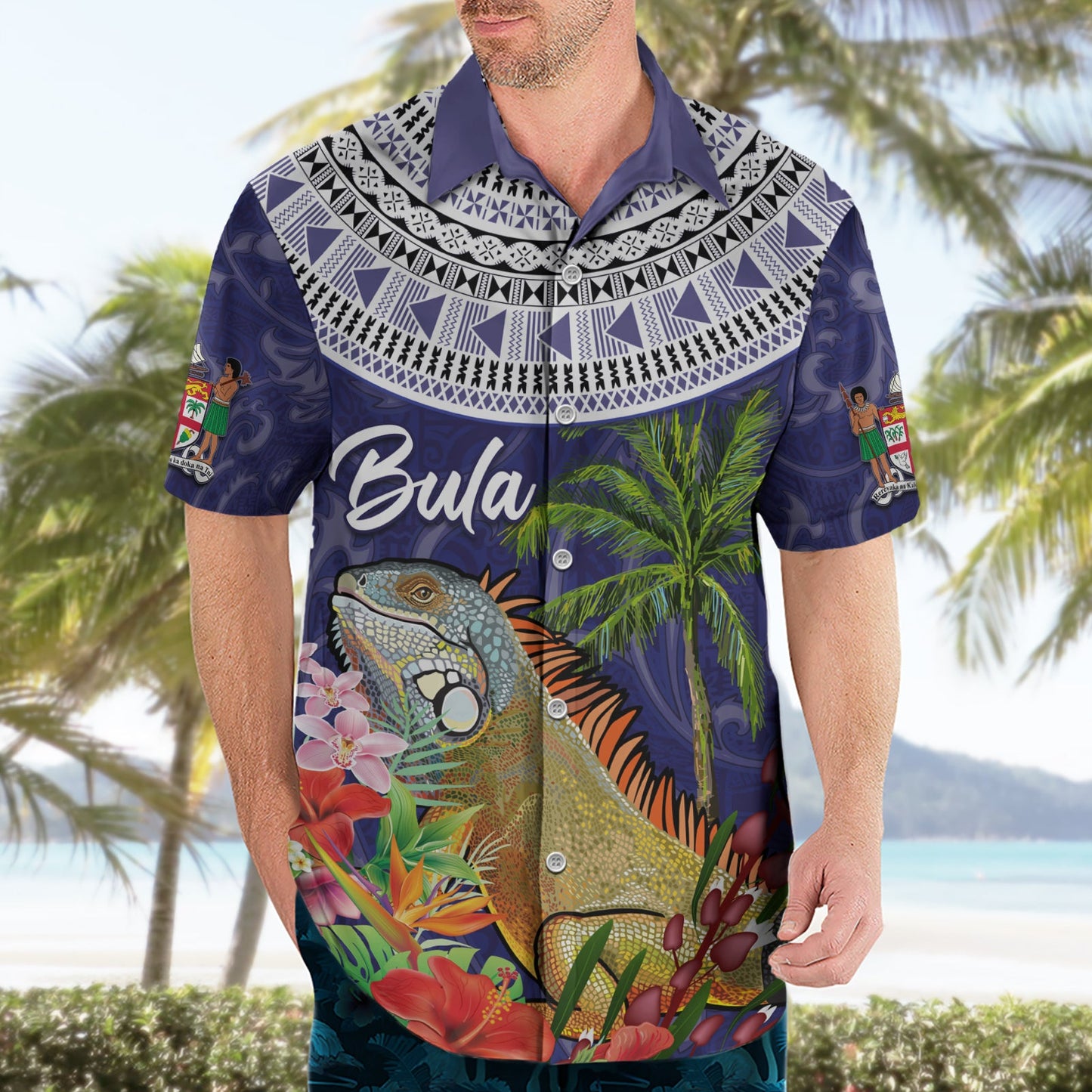 Bula Fiji Crested Iguana Hawaiihemd Tagimaucia Tapa Tribal Blau Farbe LT03