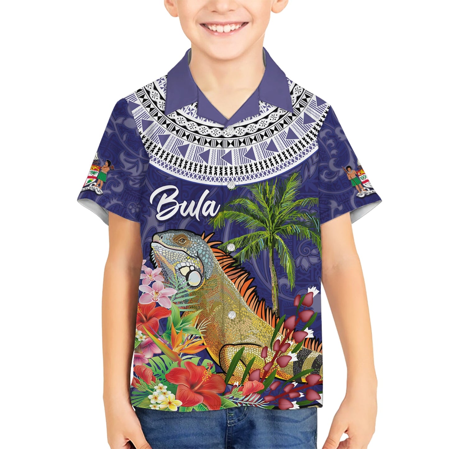 Bula Fiji Crested Iguana Hawaiihemd Tagimaucia Tapa Tribal Blau Farbe LT03