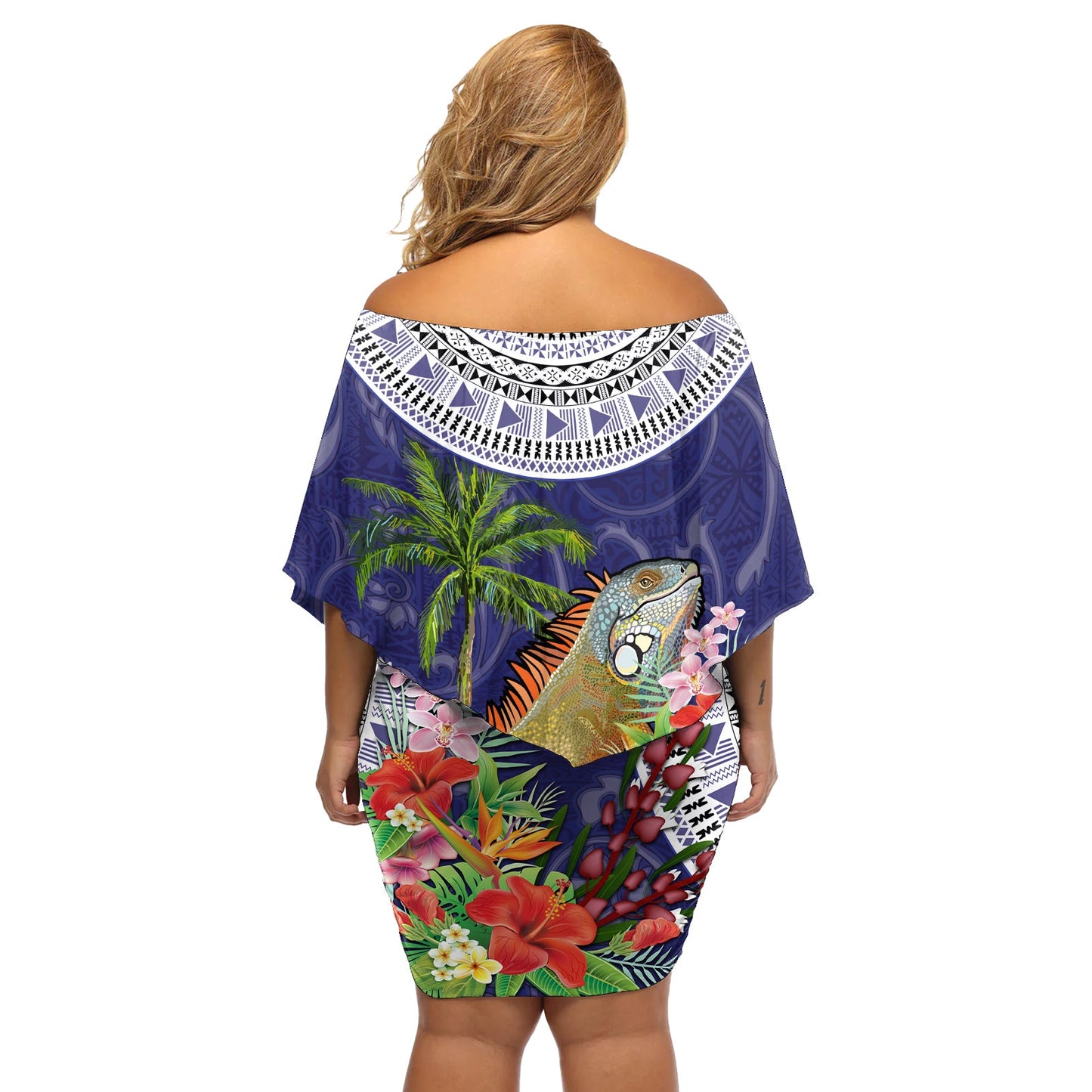 Bula Fiji Crested Iguana Schulterfreies kurzes Kleid blumen Tagimaucia Tapa Tribal Blau Farbe LT03
