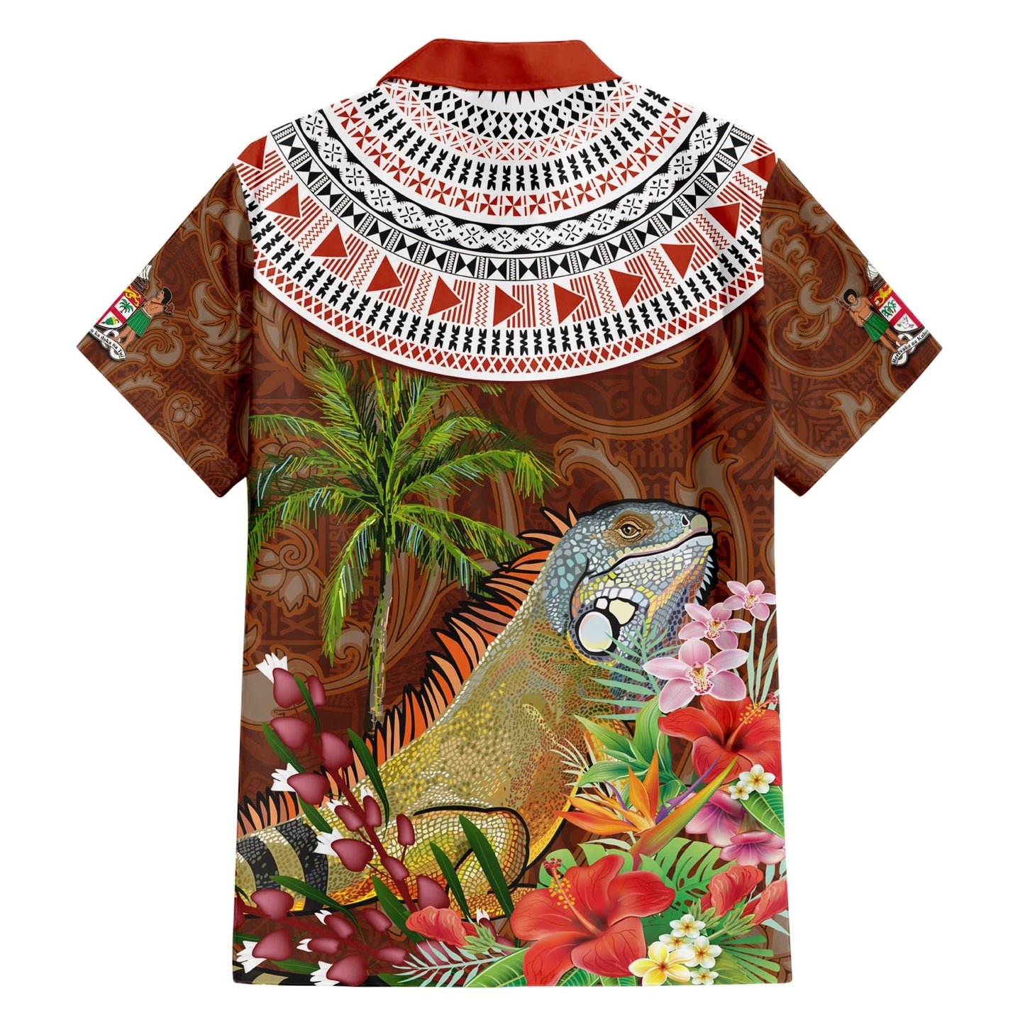 Bula Fiji Crested Iguana Hawaiihemd Tagimaucia Tapa Tribal Braun Farbe LT03