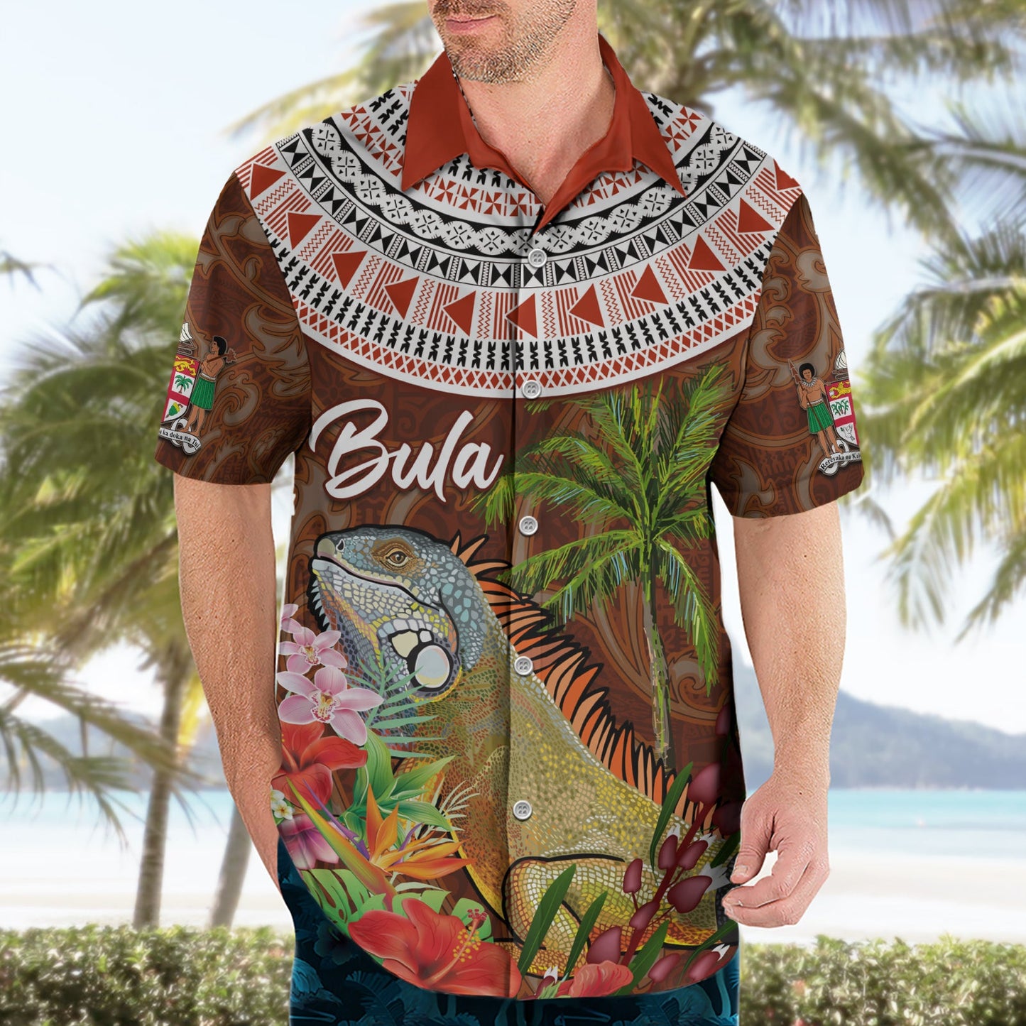 Bula Fiji Crested Iguana Hawaiihemd Tagimaucia Tapa Tribal Braun Farbe LT03
