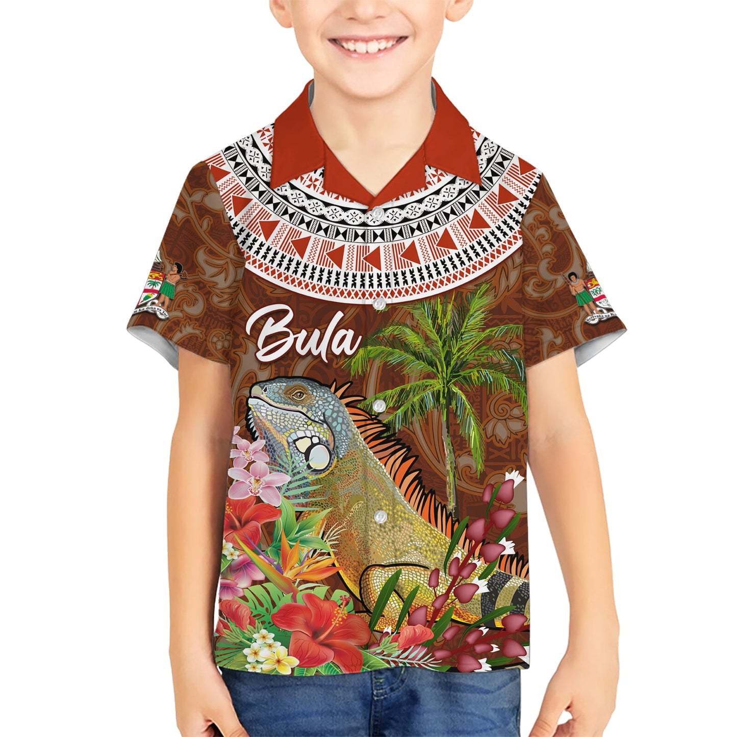 Bula Fiji Crested Iguana Hawaiihemd Tagimaucia Tapa Tribal Braun Farbe LT03