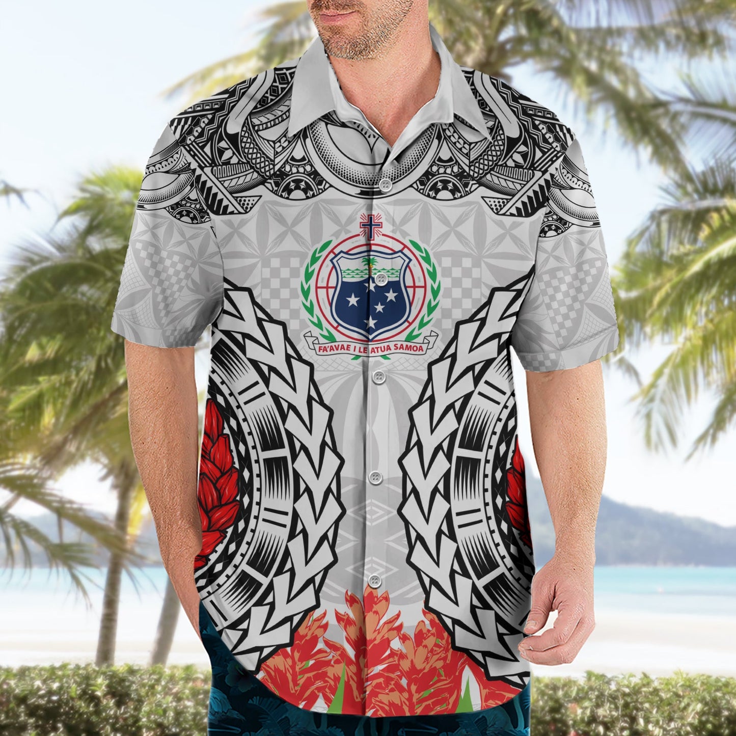 Samoa Siapo Ula Fala Hawaiihemd mit Ingwerpflanze, Farbe Weiß, LT03
