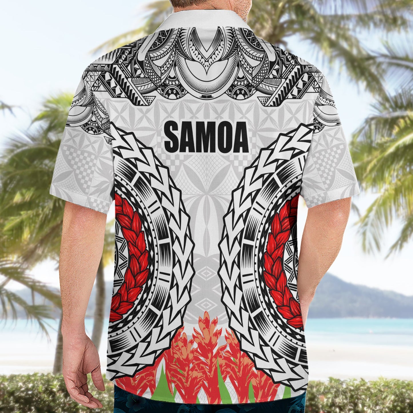 Samoa Siapo Ula Fala Hawaiihemd mit Ingwerpflanze, Farbe Weiß, LT03