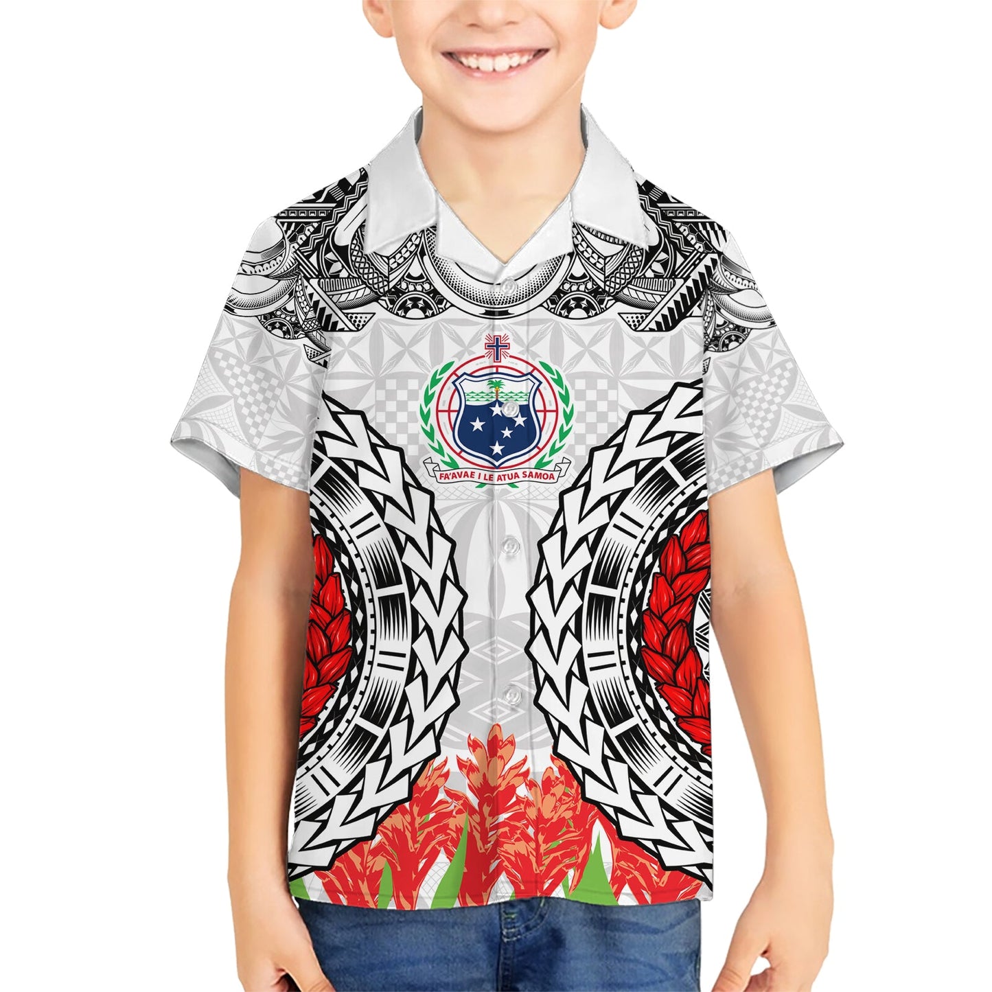 Samoa Siapo Ula Fala Hawaiihemd mit Ingwerpflanze, Farbe Weiß, LT03